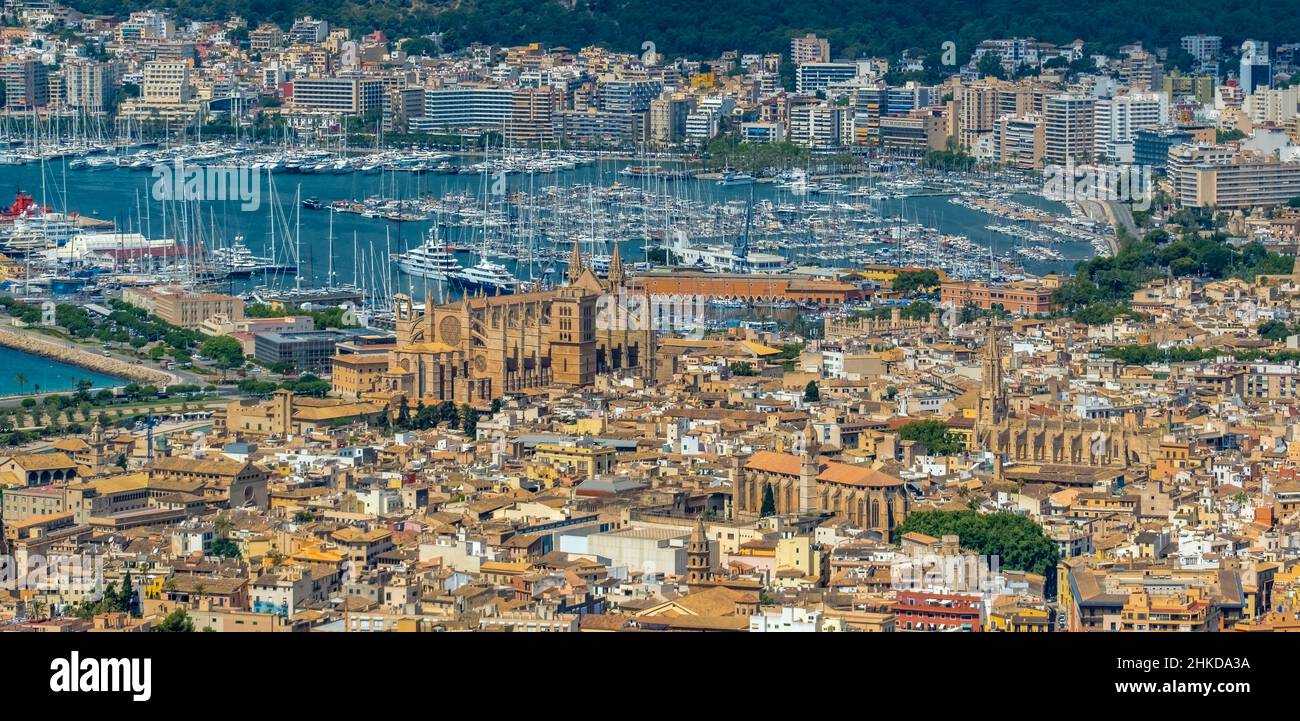 Veduta aerea, Chiesa di Santa Iglesia Catedral de Mallorca, Cattedrale di Palma, Puerto de Palma, Porto di Palma in background, Palma, Maiorca, Baleari is Foto Stock