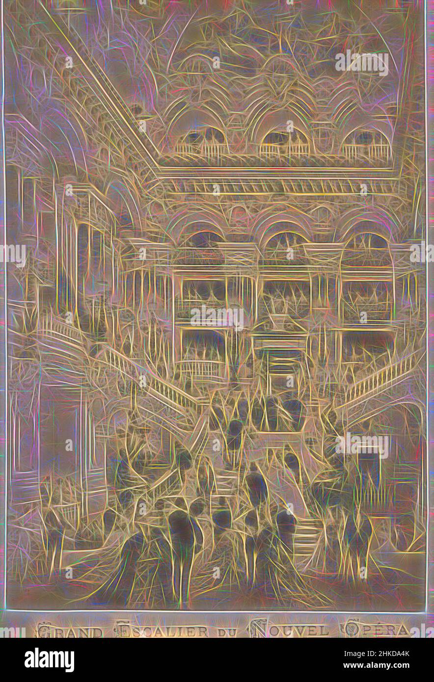 Ispirato da , raffigurante le scale dell'Opéra Garnier di Parigi, Grand Escalier du Nouvel Opéra, disegnatore intermedio:, Parigi, c.. 1875 - c. 1885, stampa albume, altezza 149 mm x larghezza 100 mm, reinventata da Artotop. L'arte classica reinventata con un tocco moderno. Design di calda e allegra luminosità e di raggi di luce. La fotografia si ispira al surrealismo e al futurismo, abbracciando l'energia dinamica della tecnologia moderna, del movimento, della velocità e rivoluzionando la cultura Foto Stock