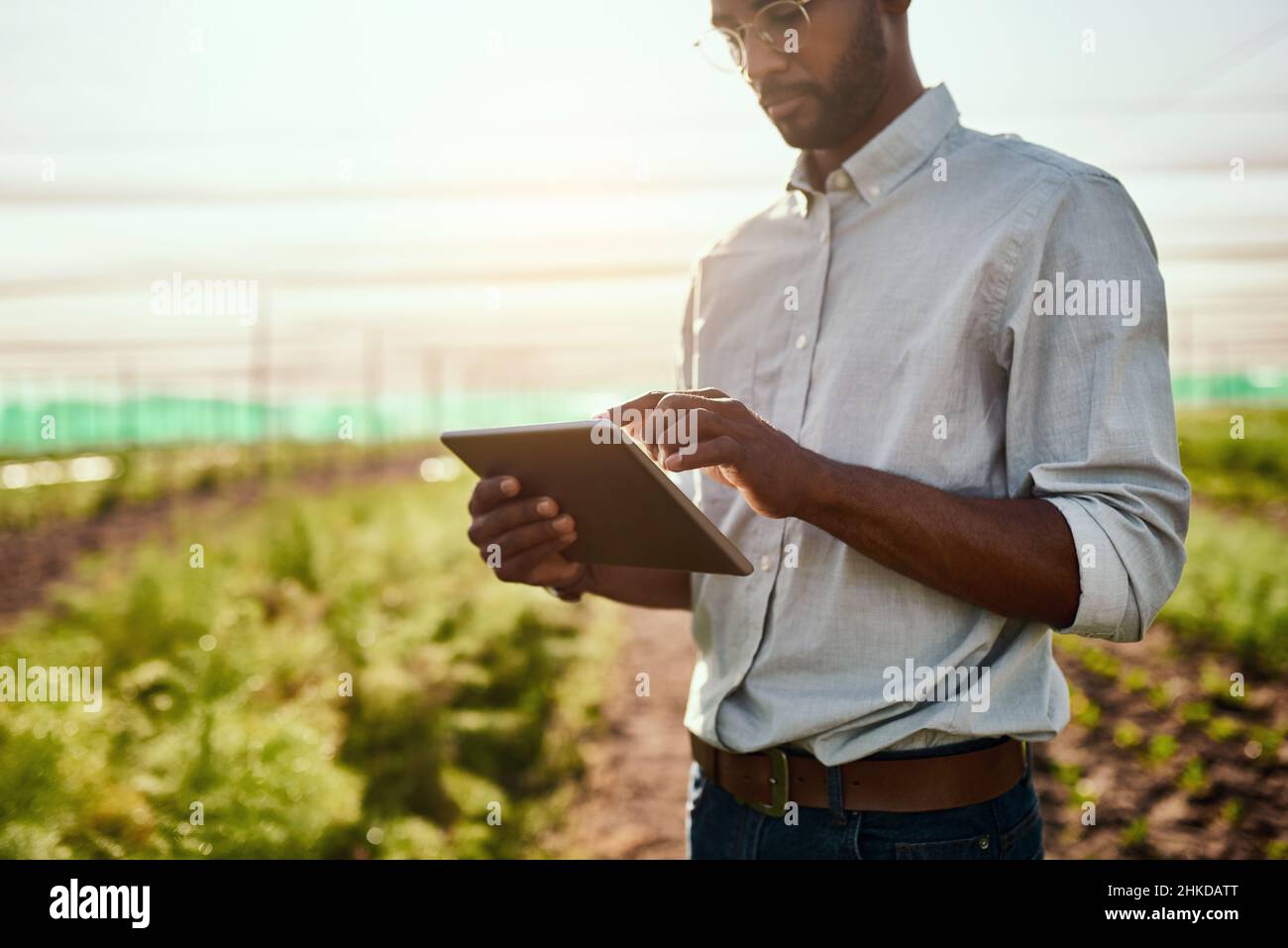 È il futuro dell'agricoltura. Scatto corto di un bel giovane agricoltore maschio usando una tavoletta mentre lavora nella sua fattoria. Foto Stock