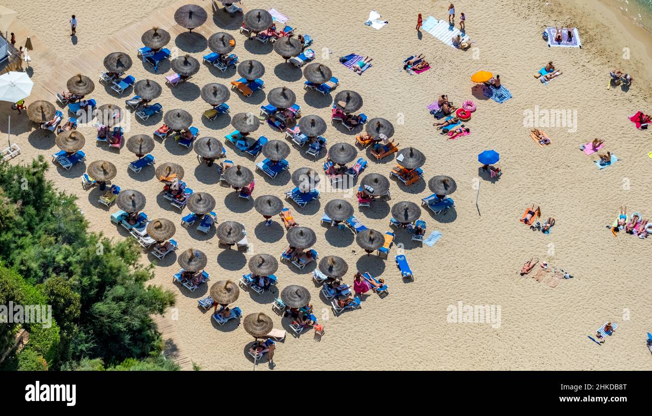 Vista aerea, prendere il sole sulla spiaggia di sabbia Platja de s'Oratori a Portals Nous, Calvià, Mallorca, Isole Baleari, Spagna, Es, Europa, forme e colo Foto Stock