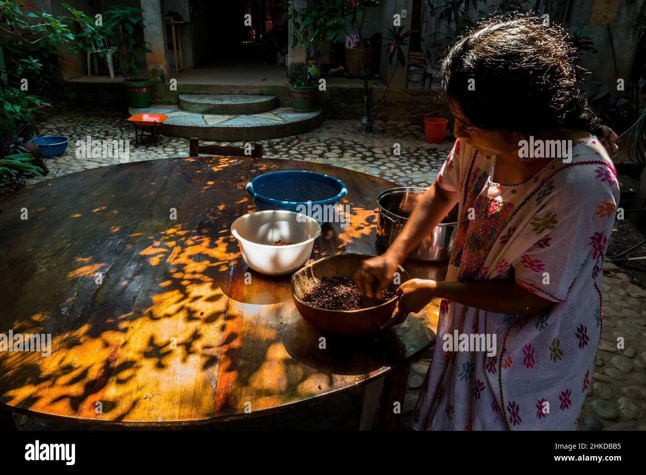 Una donna indigena schiacca i fagioli di cacao tostati, utilizzando un tradizionale pestello di pietra, nella lavorazione artigianale del cioccolato a Xochistlahuaca, Messico. Foto Stock