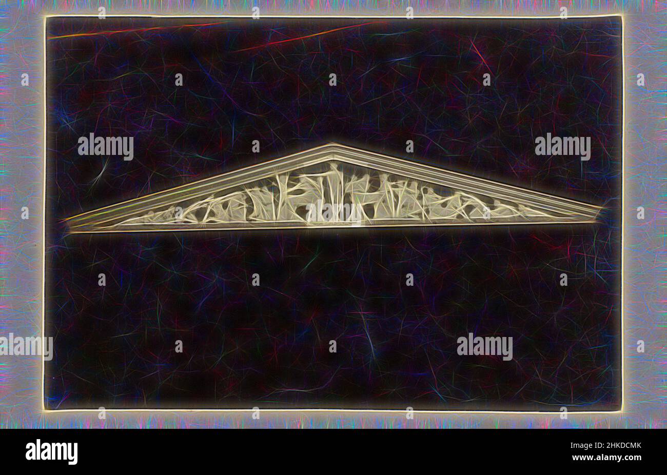 Ispirato dalla facciata del tempio di Zeus su Olympia, G 55. Facciata del tempio di Zeus. Olympia. (Foto dopo una riproduzione di gesso recuperato)., Grecia, due immagini che mostrano un campo facciata del tempio di Zeus. La foto fa parte della serie fotografica della Grecia raccolta da Richard Polak., Athene, Reimagined da Artotop. L'arte classica reinventata con un tocco moderno. Design di calda e allegra luminosità e di raggi di luce. La fotografia si ispira al surrealismo e al futurismo, abbracciando l'energia dinamica della tecnologia moderna, del movimento, della velocità e rivoluzionando la cultura Foto Stock