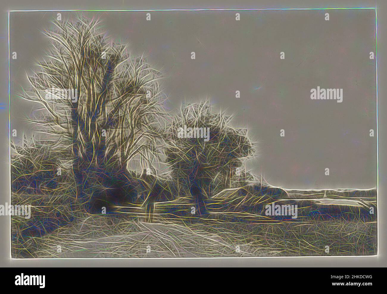Ispirato da Paesaggio con alberi in Norfolk, la Fattoria dal Broad (Norfolk) (titolo originale), Peter Henry Emerson, Norfolk, editore: Gran Bretagna, 1883 - 1888, Carta, altezza 180 mm x larghezza 380 mm altezza 345 mm x larghezza 426 mm, reinventata da Artotop. L'arte classica reinventata con un tocco moderno. Design di calda e allegra luminosità e di raggi di luce. La fotografia si ispira al surrealismo e al futurismo, abbracciando l'energia dinamica della tecnologia moderna, del movimento, della velocità e rivoluzionando la cultura Foto Stock