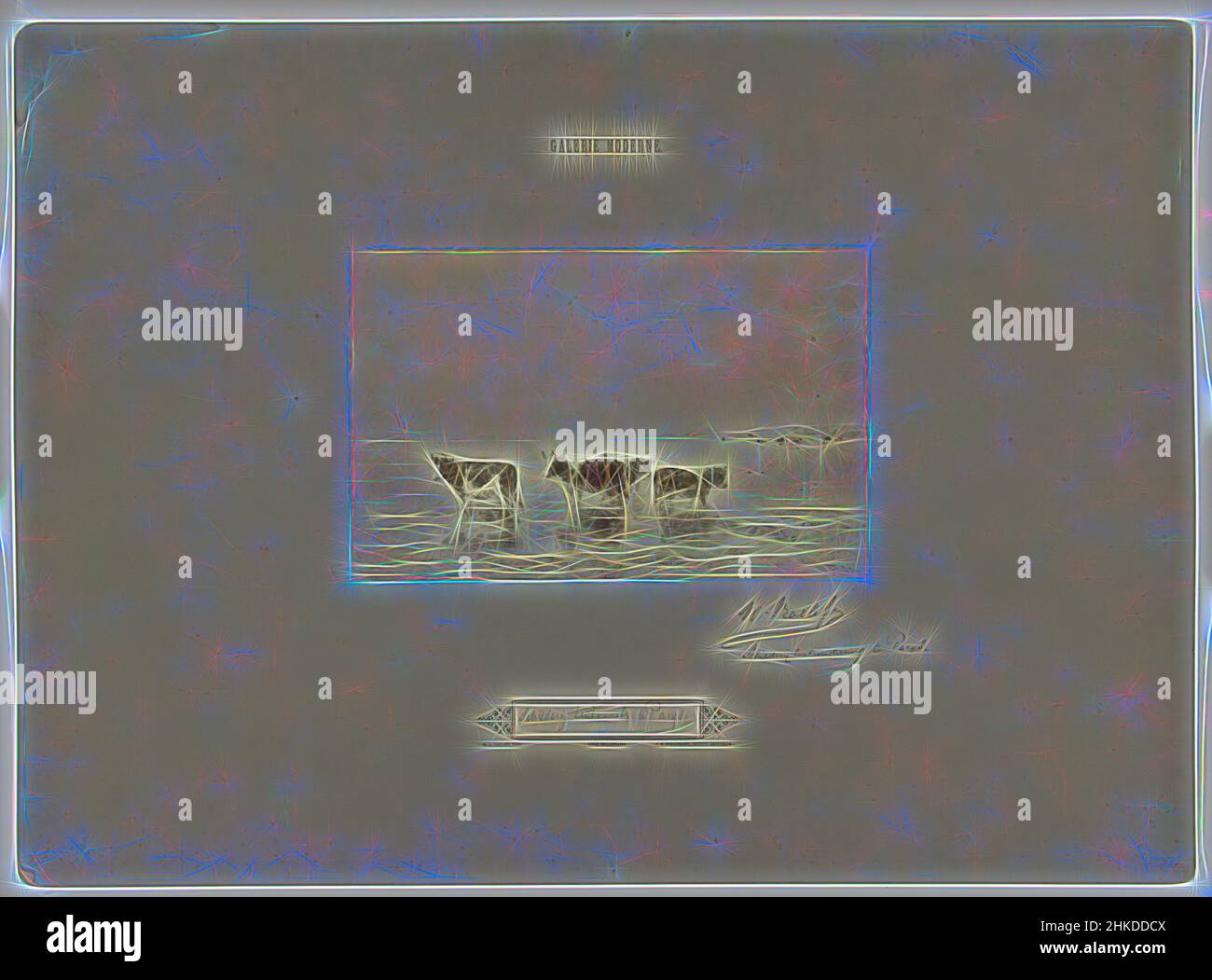 Ispirato dalla Fotoreproduzione di pittura Paesaggio con le mucche in acqua, Galerie moderne, Maurits Verveer, editore: J.M. Schalekamp, l'Aia, editore: Amsterdam, c.. 1875 - c. 1890, stampa albume, altezza 186 mm x larghezza 289 mm, reinventata da Artotop. L'arte classica reinventata con un tocco moderno. Design di calda e allegra luminosità e di raggi di luce. La fotografia si ispira al surrealismo e al futurismo, abbracciando l'energia dinamica della tecnologia moderna, del movimento, della velocità e rivoluzionando la cultura Foto Stock