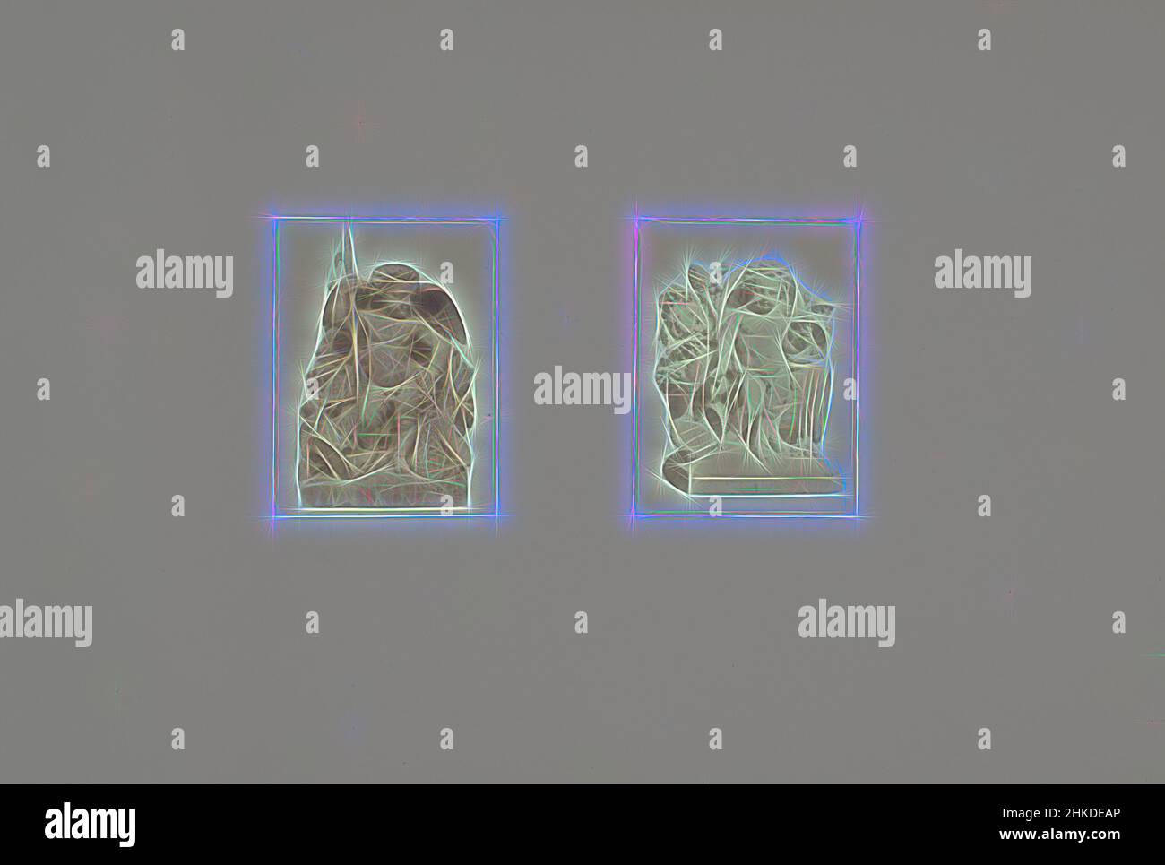 Ispirati ai modelli in gesso per le sculture al Palais du Louvre: A sinistra la Pêche di Auguste Jean Baptiste Lechesne e a destra la Vendange di Jacques Franois Walcher, parte della Réunion des Tuileries au Louvre 1852-1857, album 1., Édouard Denis Baldus, Auguste Jean Baptiste Lechesne, Paris, Reimagined by Artotop. L'arte classica reinventata con un tocco moderno. Design di calda e allegra luminosità e di raggi di luce. La fotografia si ispira al surrealismo e al futurismo, abbracciando l'energia dinamica della tecnologia moderna, del movimento, della velocità e rivoluzionando la cultura Foto Stock