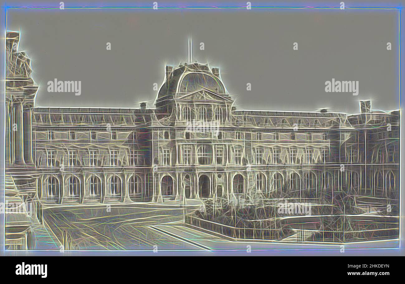 Ispirato dalla pagina del titolo della Réunion des Tuileries au Louvre 1852-1857, album 2, parte della Réunion des Tuileries au Louvre 1852-1857, album 2., stampatore: Barthelemier frères, stampatore: F. Chardon ainé, Parigi, 1857, carta, incisione, Altezza 383 mm x larghezza 560 mm, reinventata da Artotop. L'arte classica reinventata con un tocco moderno. Design di calda e allegra luminosità e di raggi di luce. La fotografia si ispira al surrealismo e al futurismo, abbracciando l'energia dinamica della tecnologia moderna, del movimento, della velocità e rivoluzionando la cultura Foto Stock