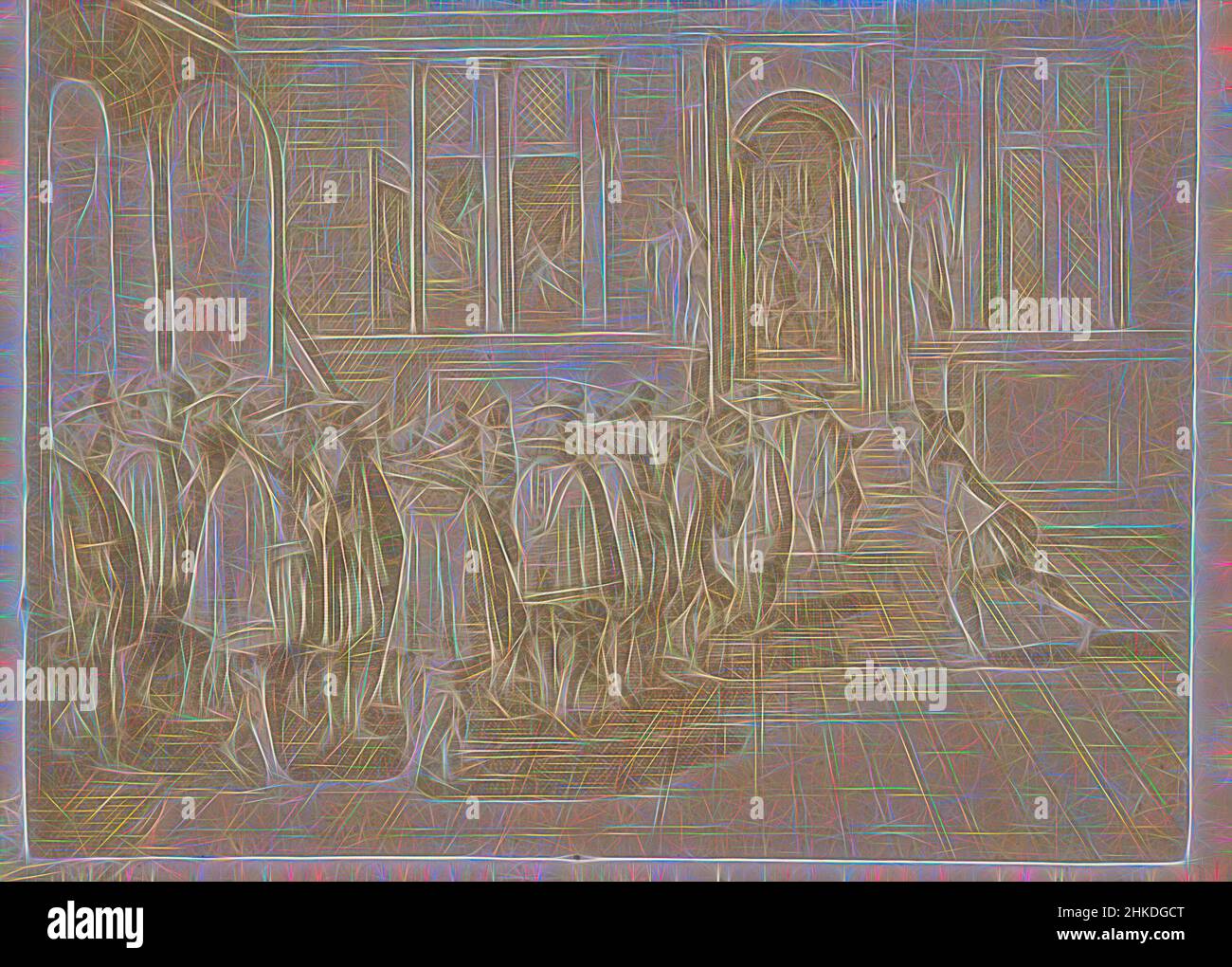 Ispirata alla riproduzione fotografica di un'incisione della presentazione di un'entatea di nobili olandesi alla governante Margaret di Parma, Olanda, 1850 - 1900, stampa albume, altezza 57 mm x larghezza 77 mm altezza 62 mm x larghezza 105 mm, reinventata da Artotop. L'arte classica reinventata con un tocco moderno. Design di calda e allegra luminosità e di raggi di luce. La fotografia si ispira al surrealismo e al futurismo, abbracciando l'energia dinamica della tecnologia moderna, del movimento, della velocità e rivoluzionando la cultura Foto Stock