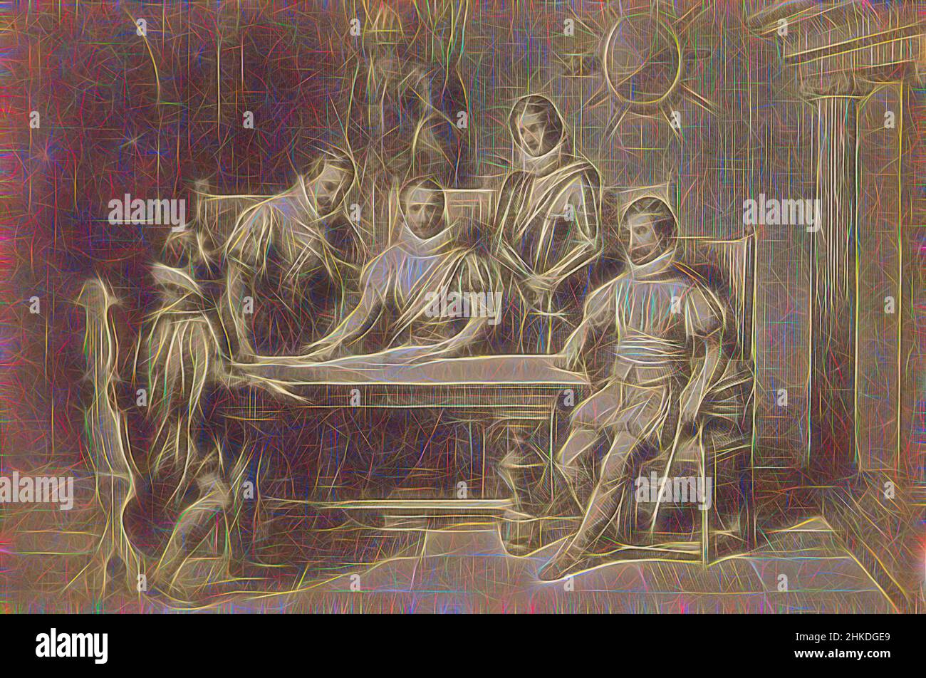 Ispirato dalla riproduzione fotografica di un'incisione della riunione di Orange, Horne, Egmond, Hoogstraten e Louis di Nassau a Dendermonde il 3 ottobre 1566, Olanda, 1850 - 1900, stampa albume, altezza 56 mm x larghezza 84 mm altezza 62 mm x larghezza 105 mm, reinventata da Artotop. L'arte classica reinventata con un tocco moderno. Design di calda e allegra luminosità e di raggi di luce. La fotografia si ispira al surrealismo e al futurismo, abbracciando l'energia dinamica della tecnologia moderna, del movimento, della velocità e rivoluzionando la cultura Foto Stock