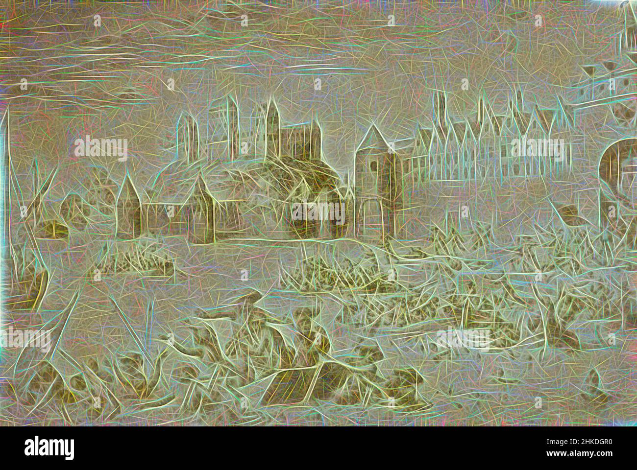 Ispirata alla fotoreproduzione di un'incisione dell'attacco di Maarten Schenk a Nijmegen nel 1589, Olanda, 1850 - 1900, stampa albume, altezza 56 mm x larghezza 84 mm altezza 63 mm x larghezza 106 mm, reinventata da Artotop. L'arte classica reinventata con un tocco moderno. Design di calda e allegra luminosità e di raggi di luce. La fotografia si ispira al surrealismo e al futurismo, abbracciando l'energia dinamica della tecnologia moderna, del movimento, della velocità e rivoluzionando la cultura Foto Stock