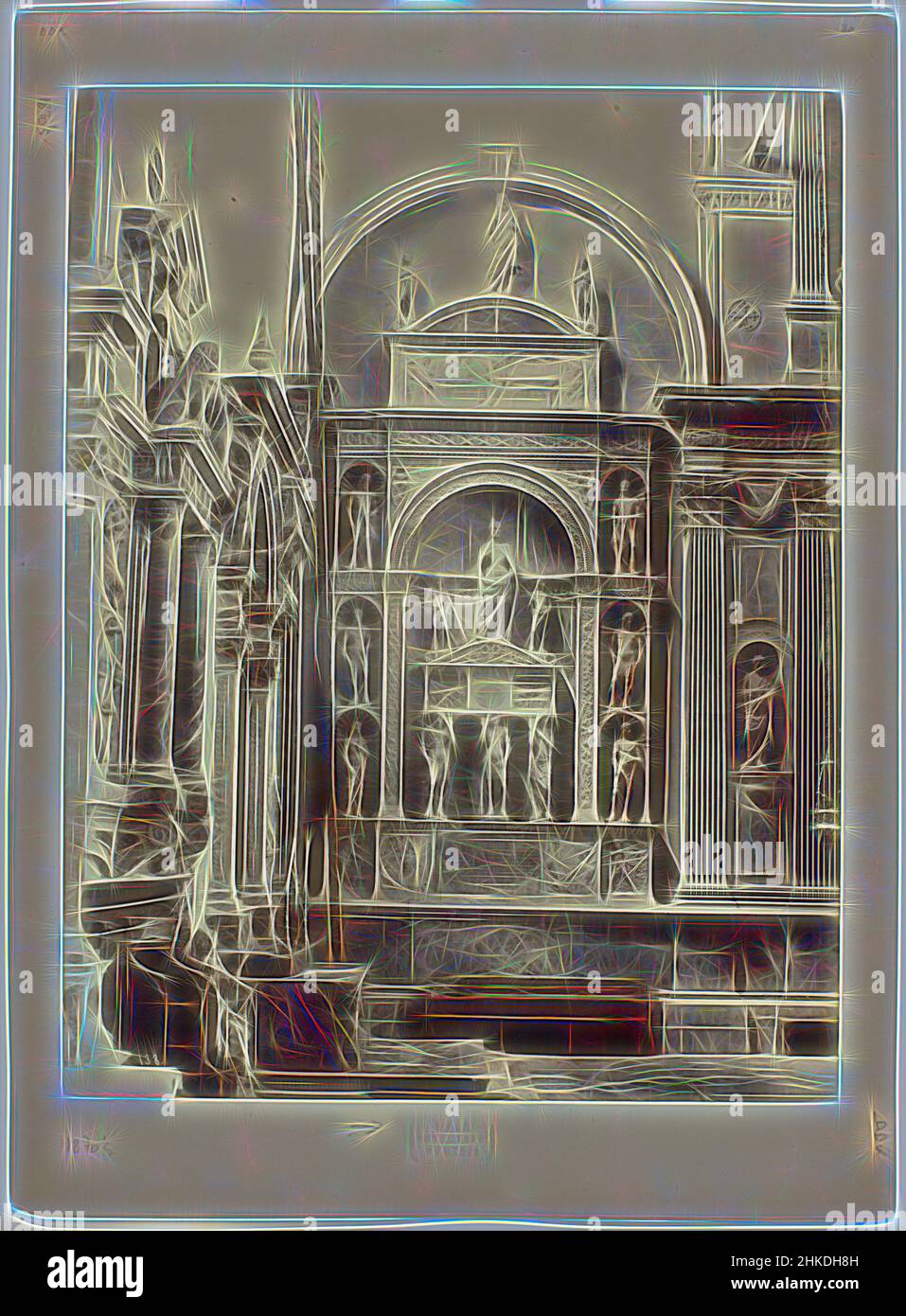 Ispirato al monumento della Tomba per Pietro Mocenigo nei Santi Giovanni e Paolo Venezia, Monumento del Doge Mocenigo in SS. Gio. E Paolo, Venezia, Carlo Naya, Tullio i Lombardo, Venezia, 1870 - 1880, carta, stampa albume, altezza 353 mm x larghezza 270 mm altezza 422 mm x larghezza 310 mm, reinventata da Artotop. L'arte classica reinventata con un tocco moderno. Design di calda e allegra luminosità e di raggi di luce. La fotografia si ispira al surrealismo e al futurismo, abbracciando l'energia dinamica della tecnologia moderna, del movimento, della velocità e rivoluzionando la cultura Foto Stock