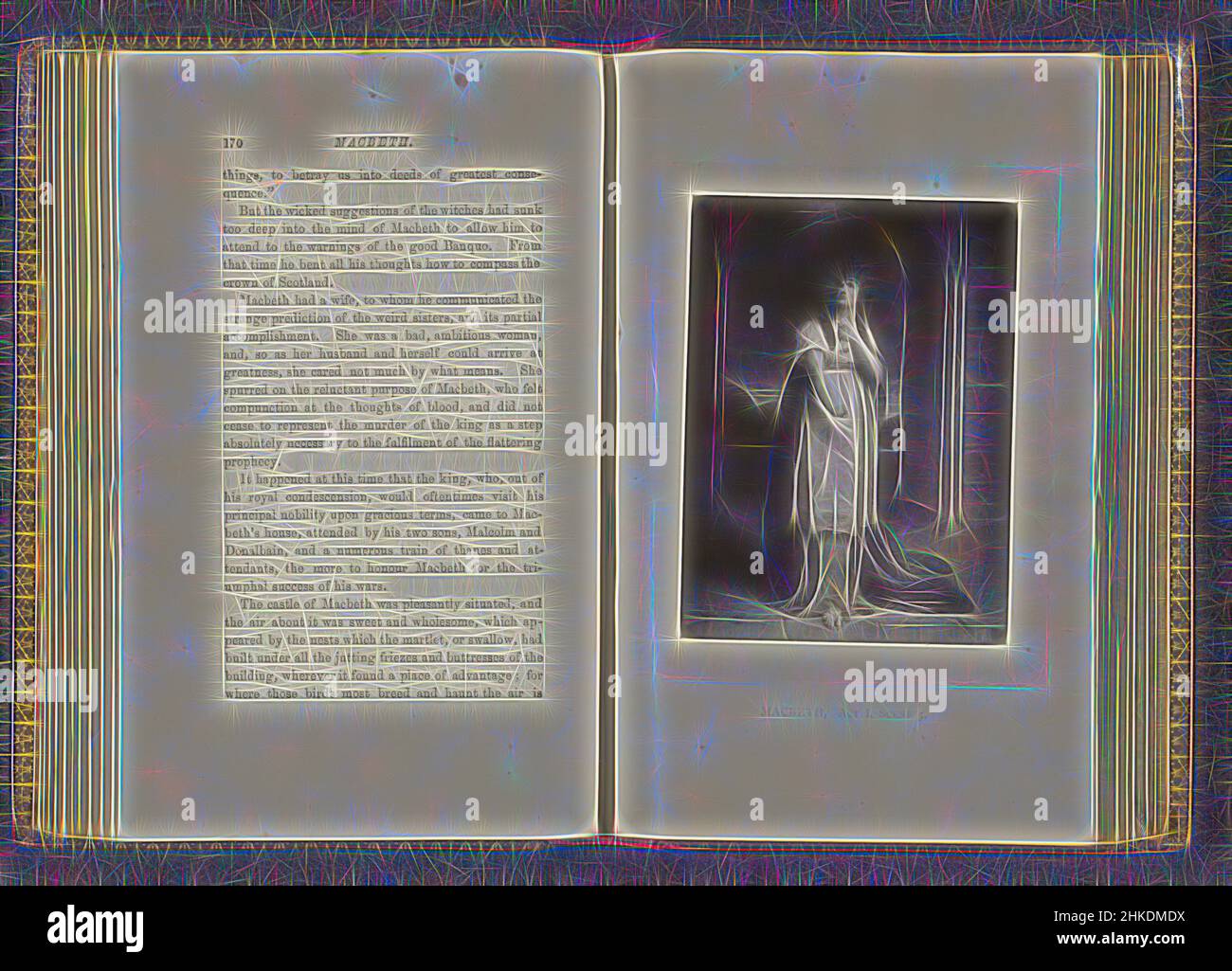 Ispirato dalla fotoreproduzione di una stampa di una scena da Macbeth di William Shakespeare, Macbeth, atto I. scena 5, mostrato è Lady Macbeth., creatore:, c. 1873 - pollici o prima del 1883, carta, altezza 117 mm x larghezza 87 mm, reinventata da Artotop. L'arte classica reinventata con un tocco moderno. Design di calda e allegra luminosità e di raggi di luce. La fotografia si ispira al surrealismo e al futurismo, abbracciando l'energia dinamica della tecnologia moderna, del movimento, della velocità e rivoluzionando la cultura Foto Stock