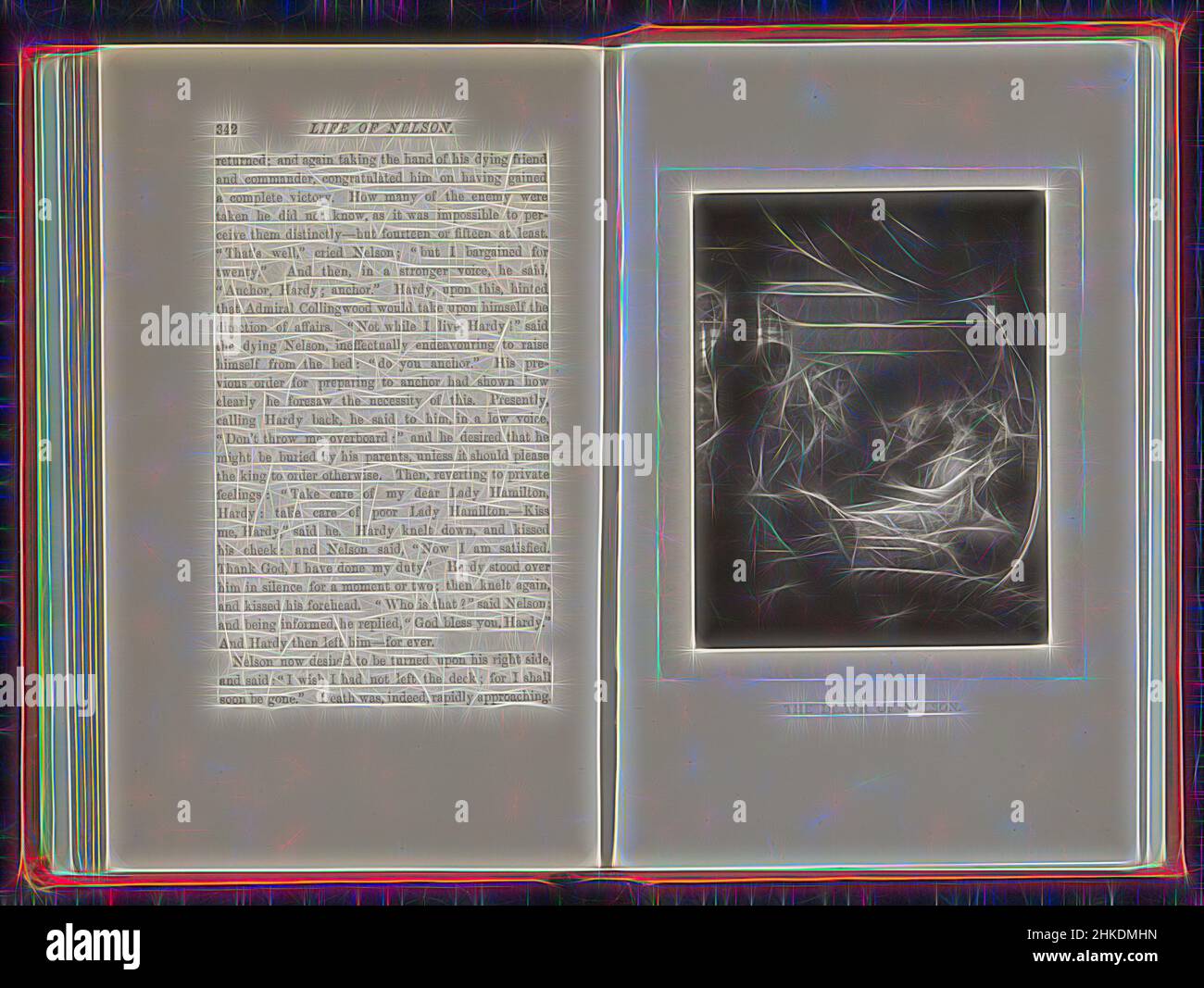 Ispirato dalla Fotoreproduzione di una stampa della morte di Horatio Nelson, la morte di Nelson, creatore:, c. 1877 - pollici o prima del 1887, carta, altezza 115 mm x larghezza 89 mm, reinventata da Artotop. L'arte classica reinventata con un tocco moderno. Design di calda e allegra luminosità e di raggi di luce. La fotografia si ispira al surrealismo e al futurismo, abbracciando l'energia dinamica della tecnologia moderna, del movimento, della velocità e rivoluzionando la cultura Foto Stock