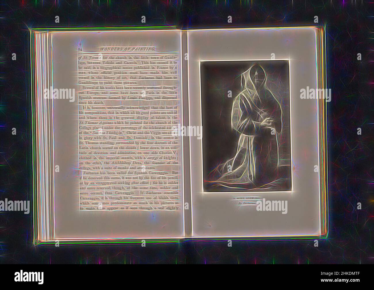 Ispirata alla fotoreproduzione di una stampa dopo un dipinto di Francesco d'Assisi in preghiera di Francisco de Zurbarán, un monaco inginocchiato. Di Zurbaran, costruttore:, c. 1861 - pollici o prima del 1871, carta, altezza 123 mm x larghezza 83 mm, reinventata da Artotop. L'arte classica reinventata con un tocco moderno. Design di calda e allegra luminosità e di raggi di luce. La fotografia si ispira al surrealismo e al futurismo, abbracciando l'energia dinamica della tecnologia moderna, del movimento, della velocità e rivoluzionando la cultura Foto Stock