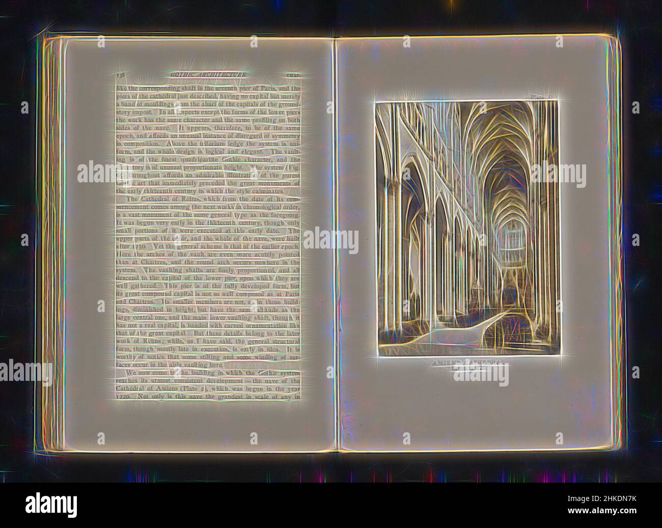 Ispirata dall'interno della Notre-Dame di Amiens, Cattedrale di Amiens. Iniziato nel 1220, creatore:, c.. 1880 - pollici o prima del 1890, carta, altezza 141 mm x larghezza 102 mm, reinventata da Artotop. L'arte classica reinventata con un tocco moderno. Design di calda e allegra luminosità e di raggi di luce. La fotografia si ispira al surrealismo e al futurismo, abbracciando l'energia dinamica della tecnologia moderna, del movimento, della velocità e rivoluzionando la cultura Foto Stock