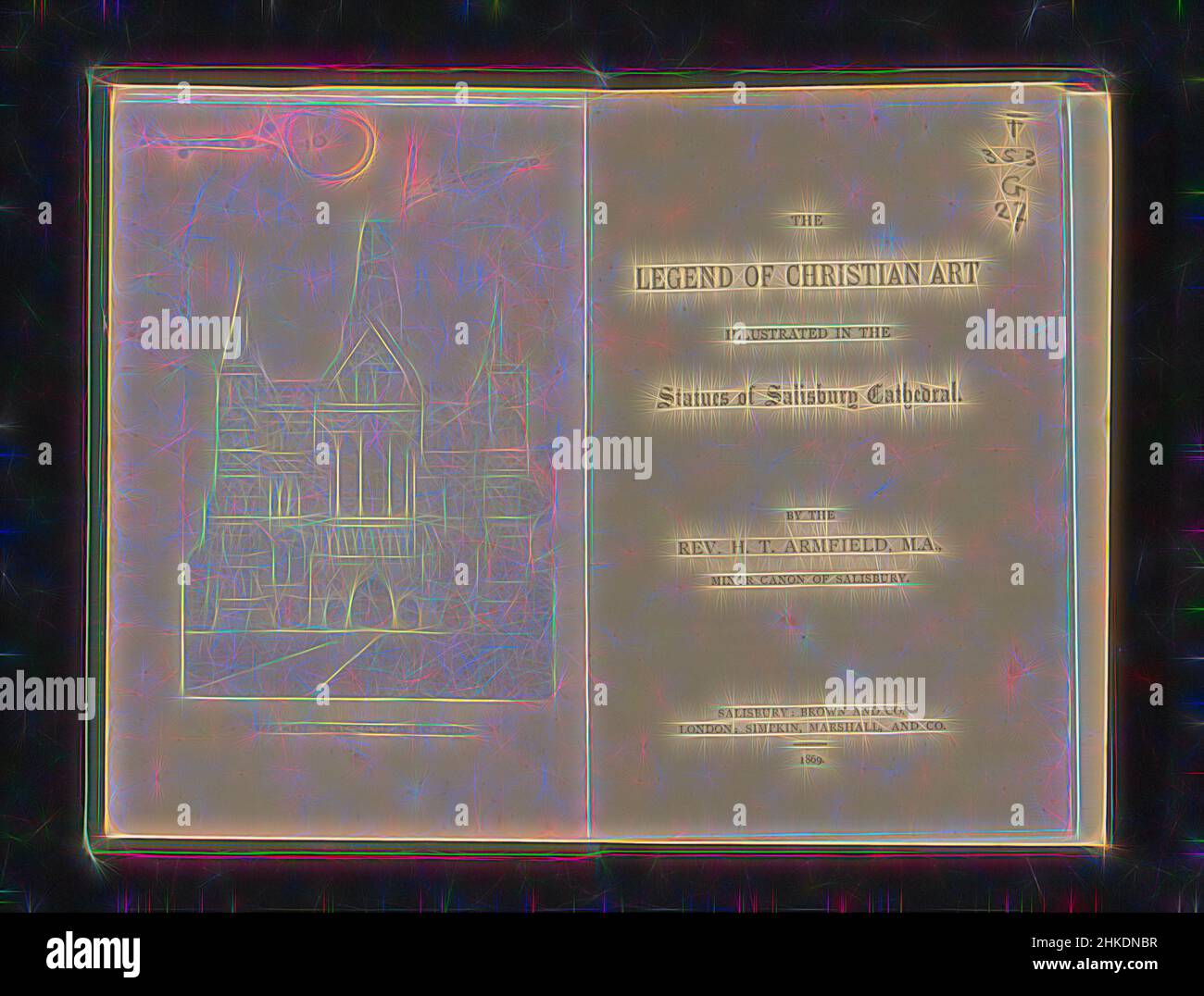 Ispirata alla leggenda dell'arte cristiana illustrata nelle statue della Cattedrale di Salisbury, H.T. Armfield, editore: Brown and Co., editore: Salisbury, editore: London, 1869, paper, Stampa, stampa albume, altezza 194 mm x larghezza 129 mm x spessore 13 mm, Reimagined by Artotop. L'arte classica reinventata con un tocco moderno. Design di calda e allegra luminosità e di raggi di luce. La fotografia si ispira al surrealismo e al futurismo, abbracciando l'energia dinamica della tecnologia moderna, del movimento, della velocità e rivoluzionando la cultura Foto Stock