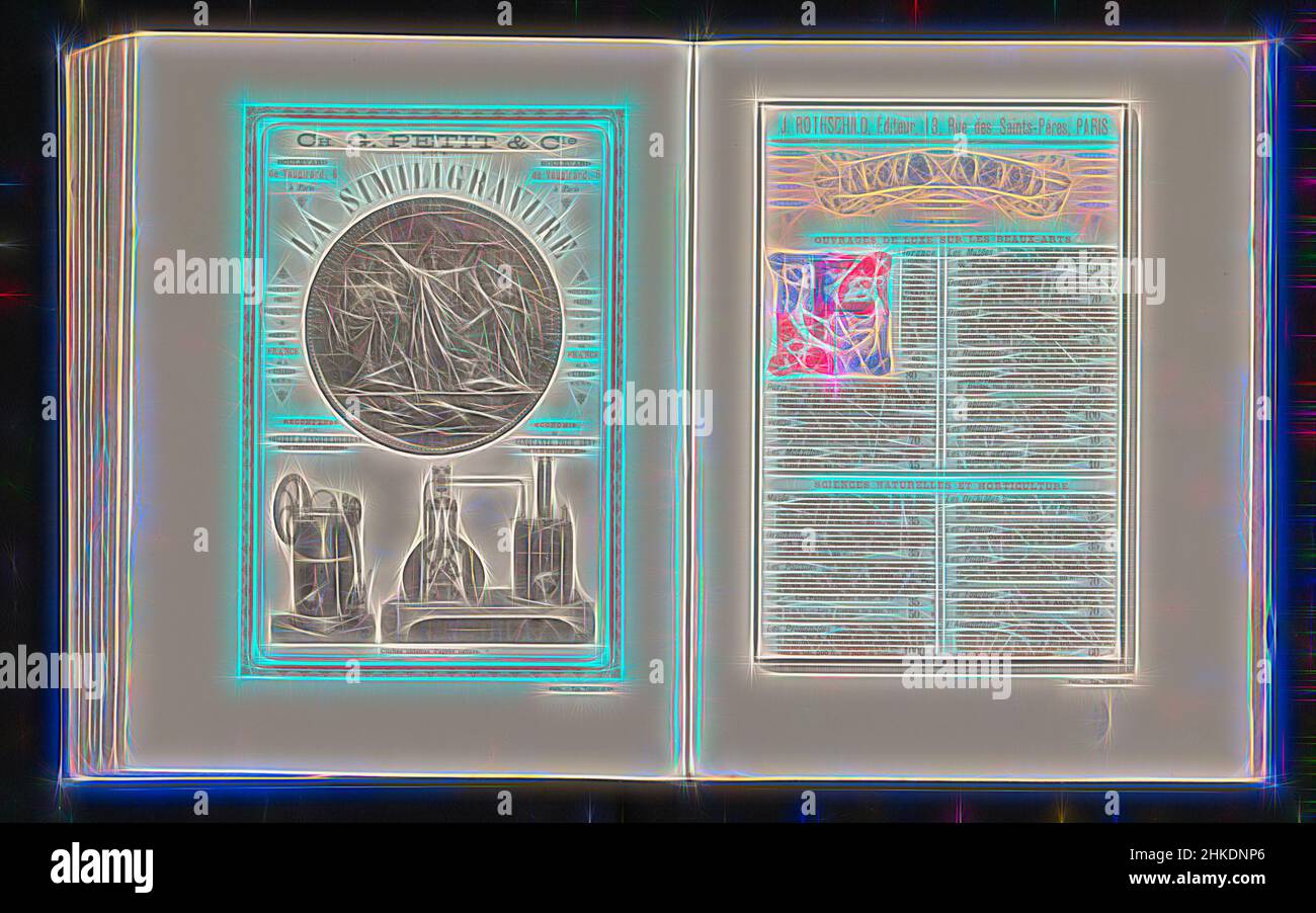 Ispirato da Advertisement che mostra una medaglia commemorativa e motori a vapore, sopra una stampa di una medaglia commemorativa, sotto due stampe di motori a vapore., Petit et Cie, Francia, c.. 1871 - pollici o prima del 1881, carta, altezza 317 mm x larghezza 241 mm, reinventata da Artotop. L'arte classica reinventata con un tocco moderno. Design di calda e allegra luminosità e di raggi di luce. La fotografia si ispira al surrealismo e al futurismo, abbracciando l'energia dinamica della tecnologia moderna, del movimento, della velocità e rivoluzionando la cultura Foto Stock