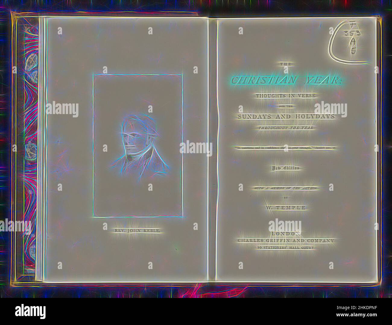 Ispirato dalla riproduzione fotografica di un ritratto di John Keble, Rev. John Keble, disegnatore intermedio:, c. 1864 - c. 1874, stampa albume, altezza 92 mm x larghezza 57 mm, reinventata da Artotop. L'arte classica reinventata con un tocco moderno. Design di calda e allegra luminosità e di raggi di luce. La fotografia si ispira al surrealismo e al futurismo, abbracciando l'energia dinamica della tecnologia moderna, del movimento, della velocità e rivoluzionando la cultura Foto Stock