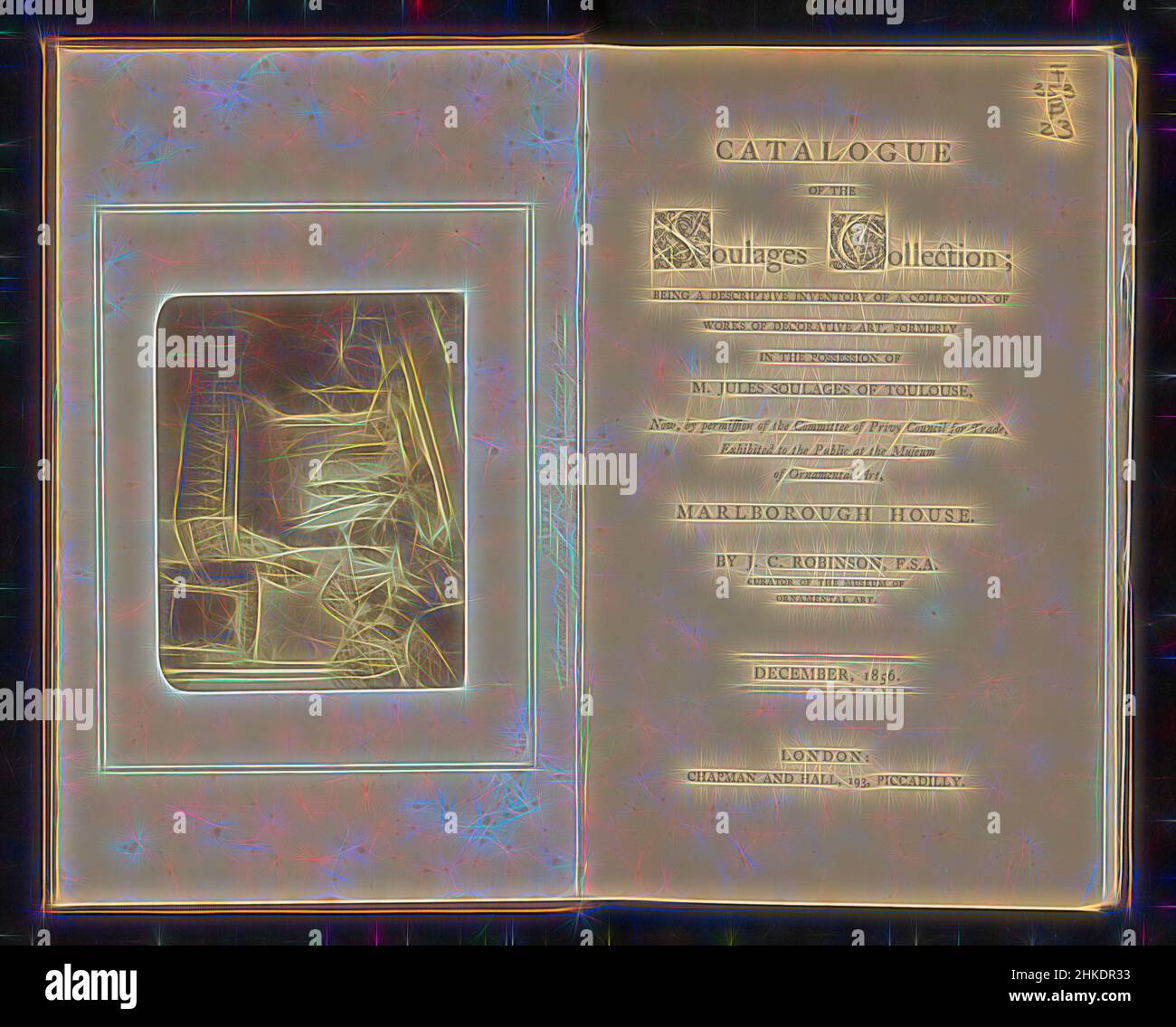 Ispirato dal Catalogo della collezione Soulage che è un inventario descrittivo di una collezione di opere d'arte decorativa, precedentemente in possesso di M. Jules Soulages di Tolosa, ora.... esposti al pubblico al Museo d'arte ornamentale, Marlborough House Dicembre 1856, John Charles, reinventato da Artotop. L'arte classica reinventata con un tocco moderno. Design di calda e allegra luminosità e di raggi di luce. La fotografia si ispira al surrealismo e al futurismo, abbracciando l'energia dinamica della tecnologia moderna, del movimento, della velocità e rivoluzionando la cultura Foto Stock