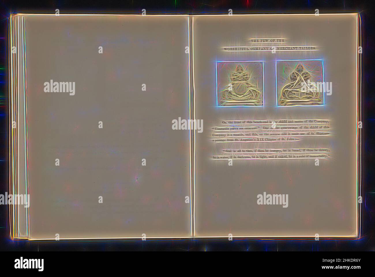 Ispirato da due decorazioni di una zampa per sarti a San Michele in Cornhill, la zampa della Compagnia Worshipful di sarti Mercanti, sinistra: Uno stemma, destra: Una raffigurazione di un passaggio biblico con pane, vino e una stella., San Michele, c.. 1857 - in o prima del 1867, stampa albume, altezza 275 mm x larghezza, reinventata da Artotop. L'arte classica reinventata con un tocco moderno. Design di calda e allegra luminosità e di raggi di luce. La fotografia si ispira al surrealismo e al futurismo, abbracciando l'energia dinamica della tecnologia moderna, del movimento, della velocità e rivoluzionando la cultura Foto Stock