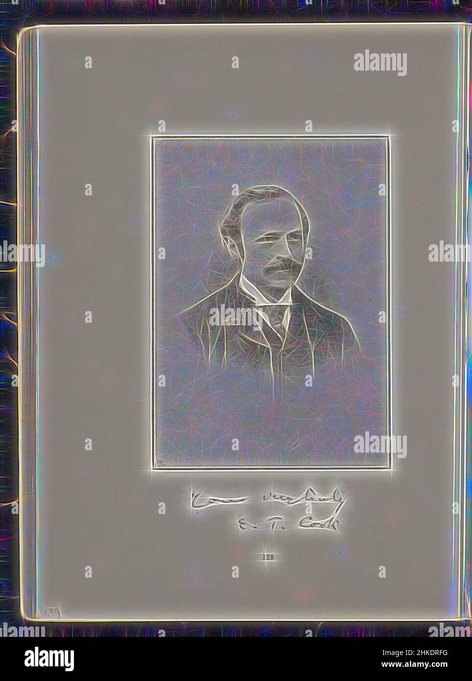 Ispirato da Ritratto di Edward T. Cook, creatore:, c. 1881 - pollici o prima del 1891, carta, altezza 140 mm x larghezza 100 mm, reinventata da Artotop. L'arte classica reinventata con un tocco moderno. Design di calda e allegra luminosità e di raggi di luce. La fotografia si ispira al surrealismo e al futurismo, abbracciando l'energia dinamica della tecnologia moderna, del movimento, della velocità e rivoluzionando la cultura Foto Stock