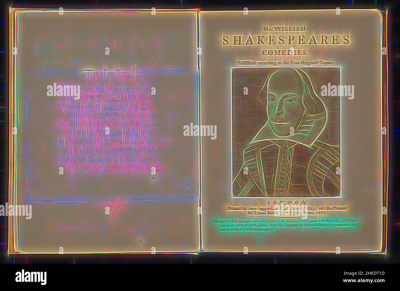 Ispirato alla riproduzione fotografica di un'incisione, che mostra un ritratto di William Shakespeare, Martin Droeshout (II), Inghilterra, c.. 1857 - prima del 1862, stampa albume, altezza 123 mm x larghezza 102 mm, reinventata da Artotop. L'arte classica reinventata con un tocco moderno. Design di calda e allegra luminosità e di raggi di luce. La fotografia si ispira al surrealismo e al futurismo, abbracciando l'energia dinamica della tecnologia moderna, del movimento, della velocità e rivoluzionando la cultura Foto Stock