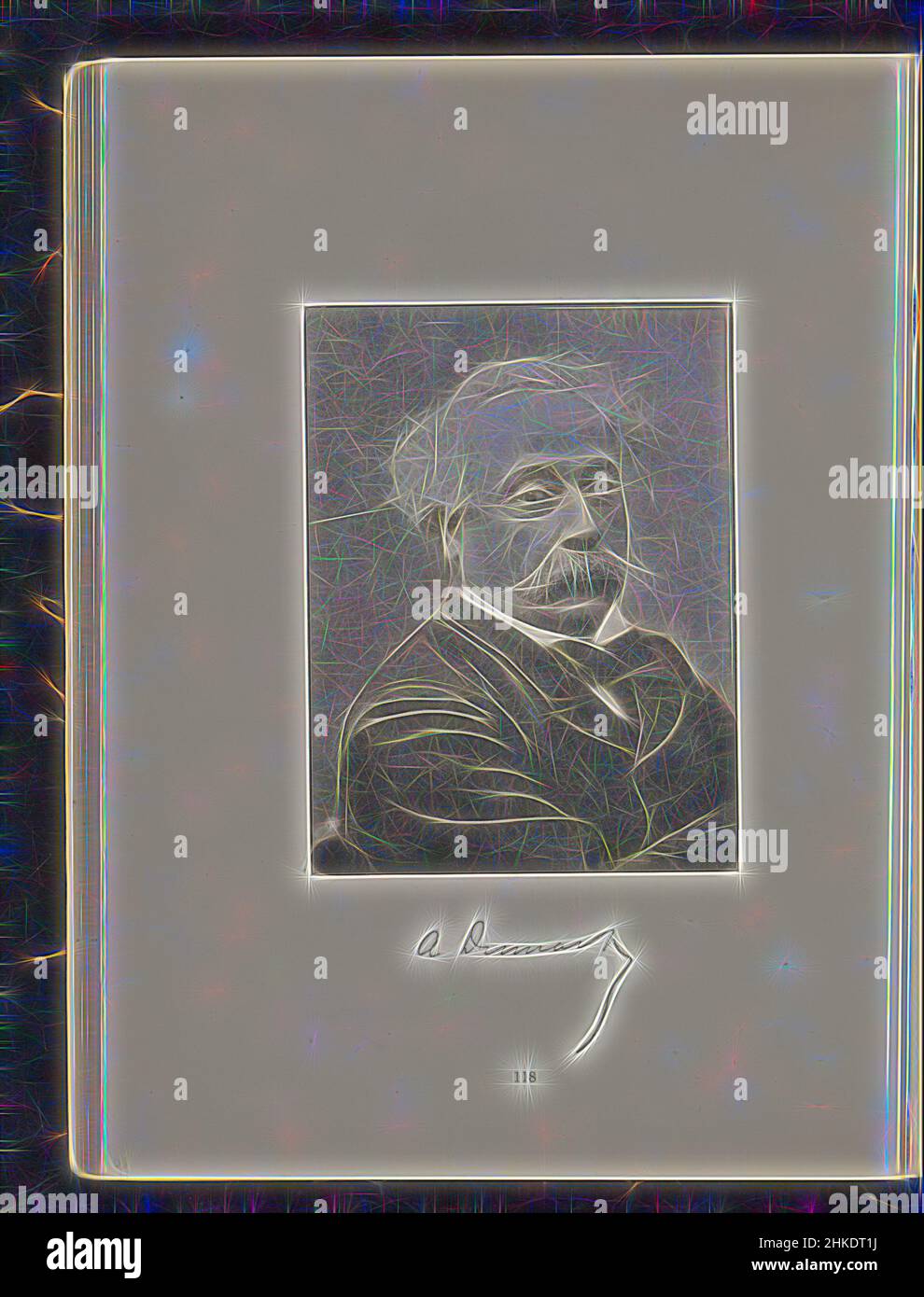 Ispirato dal Ritratto di Alexandre Dumas père, Eugène Pirou, c.. 1881 - pollici o prima del 1891, carta, altezza 128 mm x larghezza 95 mm, reinventata da Artotop. L'arte classica reinventata con un tocco moderno. Design di calda e allegra luminosità e di raggi di luce. La fotografia si ispira al surrealismo e al futurismo, abbracciando l'energia dinamica della tecnologia moderna, del movimento, della velocità e rivoluzionando la cultura Foto Stock