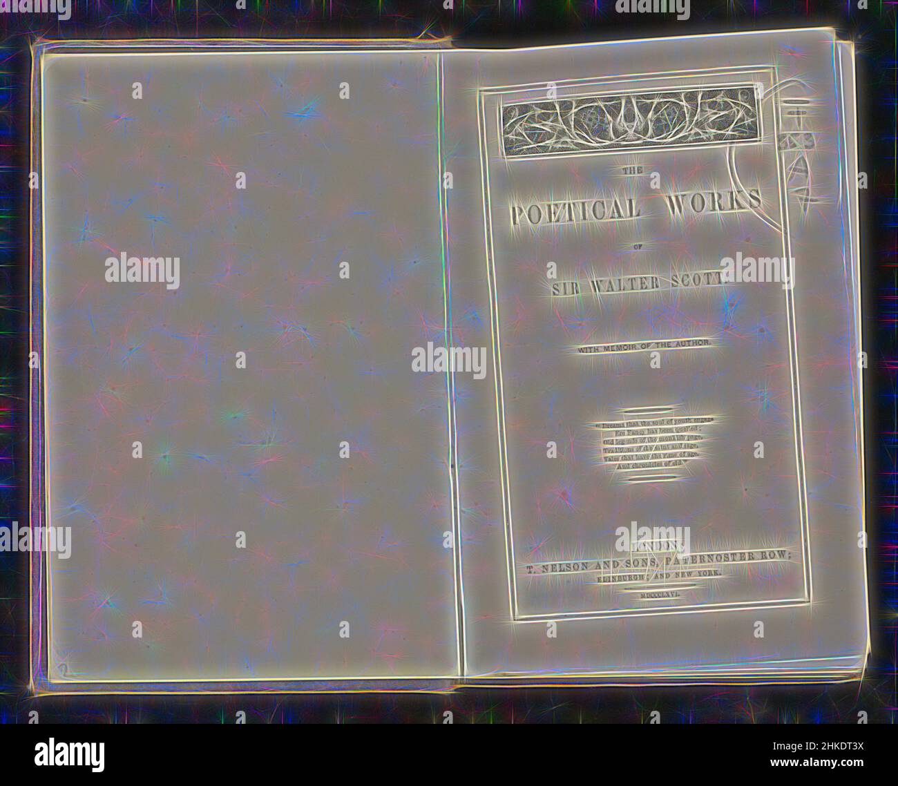 Ispirato alle opere poetiche di Sir Walter Scott, Walter Scott, editore: T. Nelson and Sons, Londra, 1866, lino (materiale), stampa, Stampa albume, incisione, altezza 175 mm x larghezza 115 mm x spessore 33 mm, Reimagined by Artotop. L'arte classica reinventata con un tocco moderno. Design di calda e allegra luminosità e di raggi di luce. La fotografia si ispira al surrealismo e al futurismo, abbracciando l'energia dinamica della tecnologia moderna, del movimento, della velocità e rivoluzionando la cultura Foto Stock