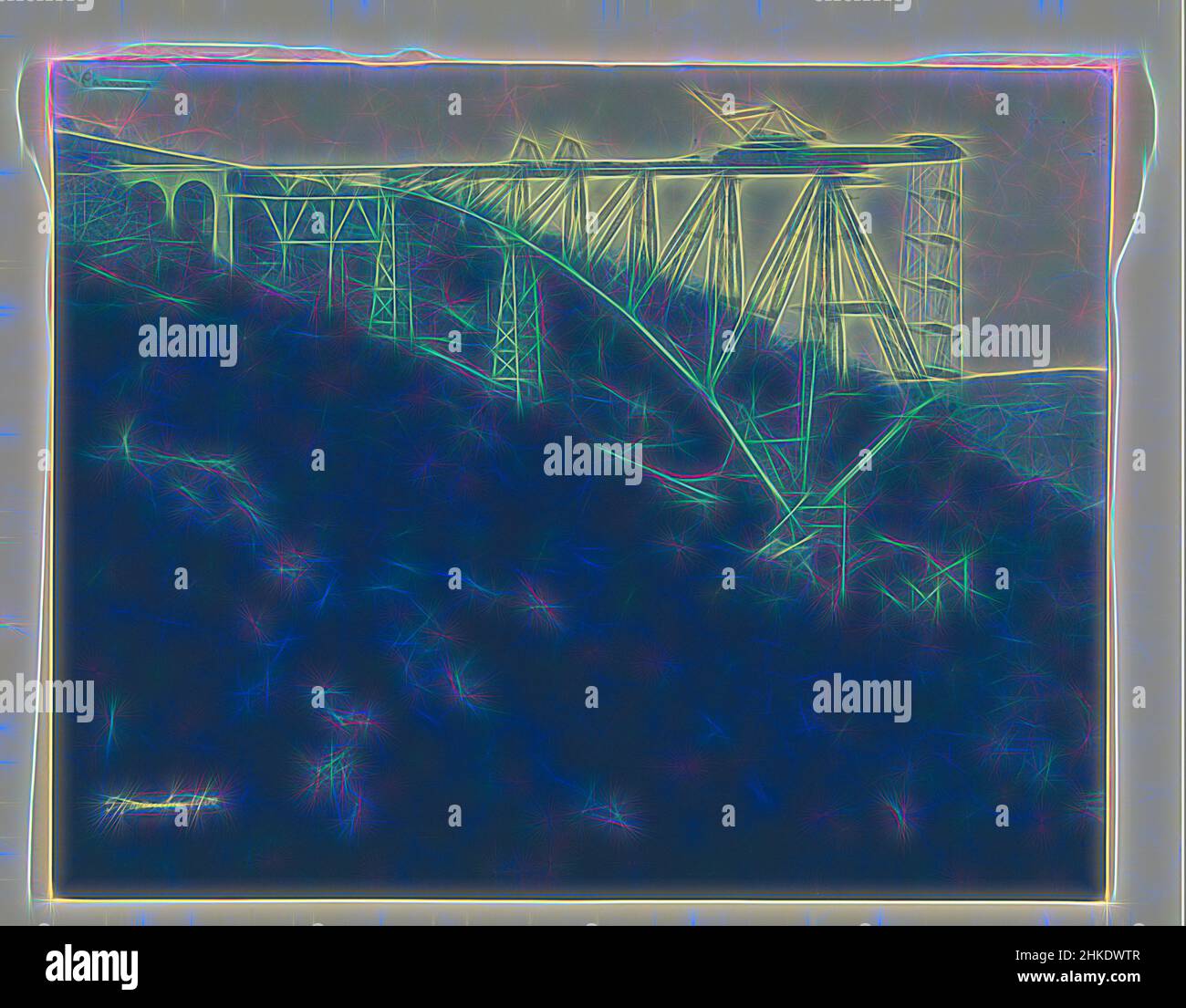 Ispirato dalla costruzione del Viaur Viadotto in Francia dalla Societé de Construction des Battignolles, 5 novembre 1900, Francia, 5-Nov-1900, Cianotipo, altezza 225 mm x larghezza 283 mm, reinventato da Artotop. L'arte classica reinventata con un tocco moderno. Design di calda e allegra luminosità e di raggi di luce. La fotografia si ispira al surrealismo e al futurismo, abbracciando l'energia dinamica della tecnologia moderna, del movimento, della velocità e rivoluzionando la cultura Foto Stock