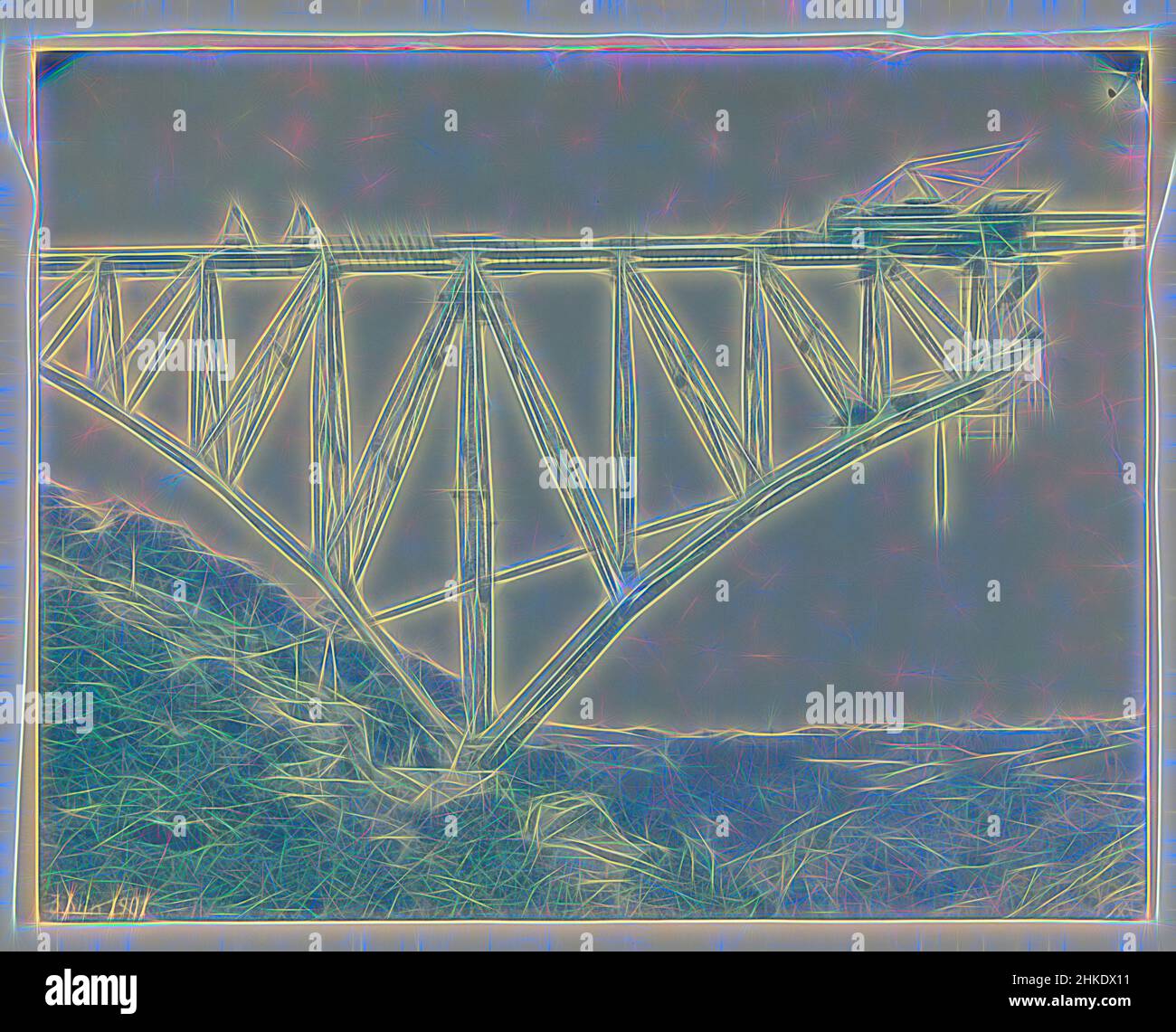Ispirato dalla costruzione del Viaur Viaduct in Francia dalla Societé de Construction des Battignolles, 3 giugno 1901, Francia, 3-giu-1901, Cianotipo, altezza 225 mm x larghezza 286 mm, reinventato da Artotop. L'arte classica reinventata con un tocco moderno. Design di calda e allegra luminosità e di raggi di luce. La fotografia si ispira al surrealismo e al futurismo, abbracciando l'energia dinamica della tecnologia moderna, del movimento, della velocità e rivoluzionando la cultura Foto Stock