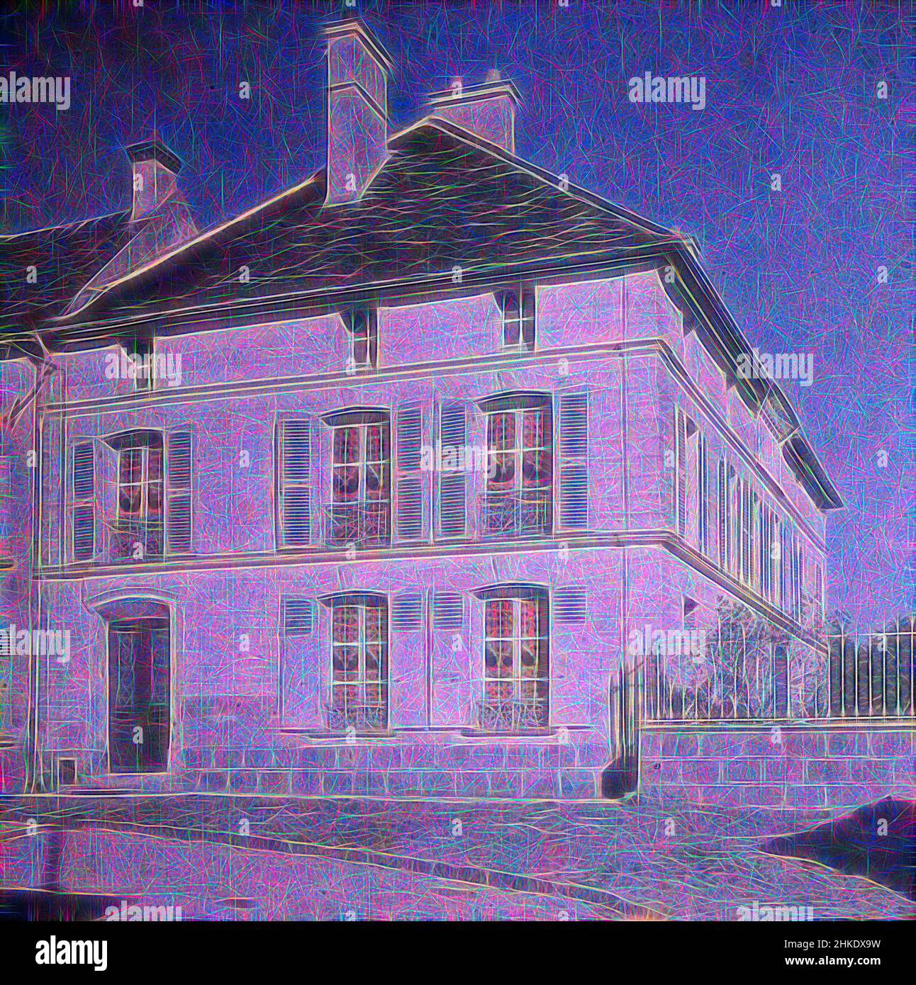 Ispirato da Casa situata in una curva, c.. 1910 - c. 1940, vetro, altezza 80 mm x larghezza 160 mm, reinventato da Artotop. L'arte classica reinventata con un tocco moderno. Design di calda e allegra luminosità e di raggi di luce. La fotografia si ispira al surrealismo e al futurismo, abbracciando l'energia dinamica della tecnologia moderna, del movimento, della velocità e rivoluzionando la cultura Foto Stock