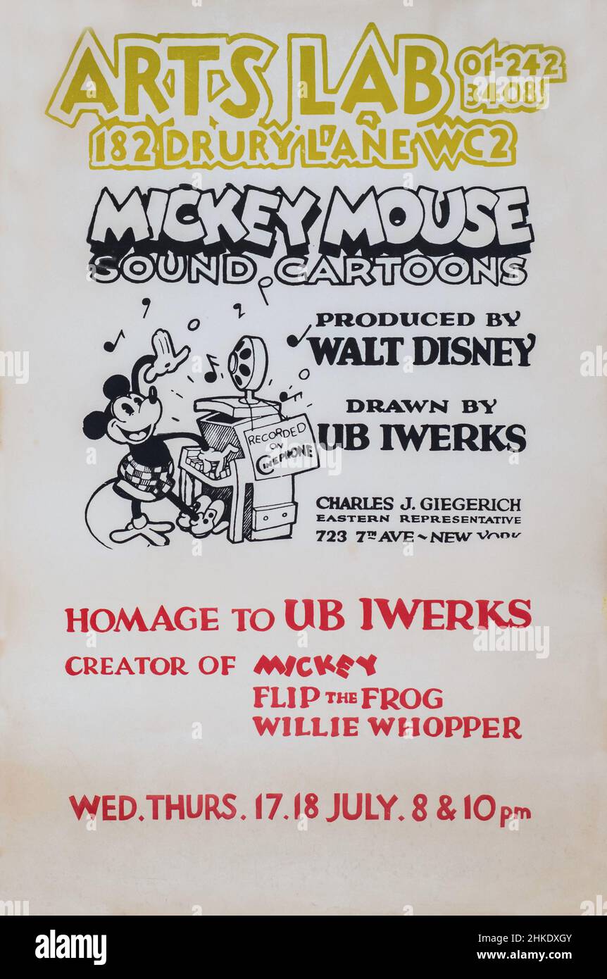 Poster per una mostra dei primi cartoni animati di Topolino all'Arts Lab, Drury Lane, Londra nel luglio 1968. Poster disegnato e stampato dal coordinatore della galleria del laboratorio, Biddy Peppin. Foto Stock