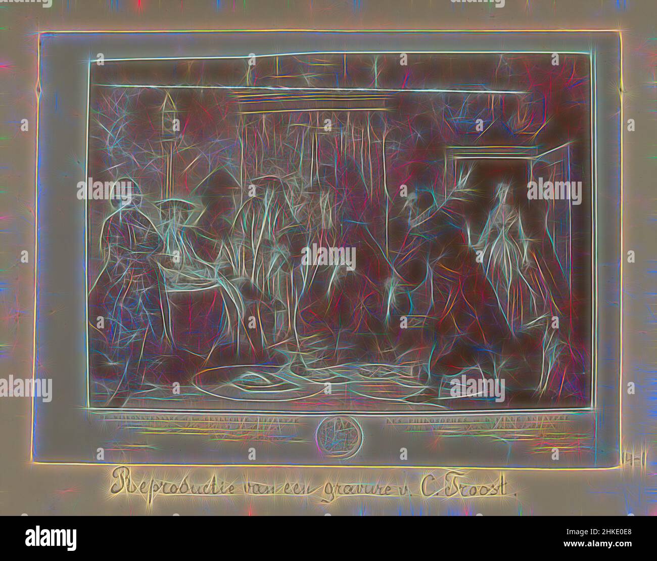 Ispirata alla riproduzione di un'incisione di Peter Tanjé dopo un dipinto di Cornelis Troost, Foto 1 sull'album pagina 14 dell'album Amsterdam 1890-1894. Riproduzione di un'incisione di Peter Tanjé dopo la pittura De wiskonstenaars di het gevluchte juffertje di Cornelis Troost, costruttore: Hendrik Herman, reinventato da Artotop. L'arte classica reinventata con un tocco moderno. Design di calda e allegra luminosità e di raggi di luce. La fotografia si ispira al surrealismo e al futurismo, abbracciando l'energia dinamica della tecnologia moderna, del movimento, della velocità e rivoluzionando la cultura Foto Stock