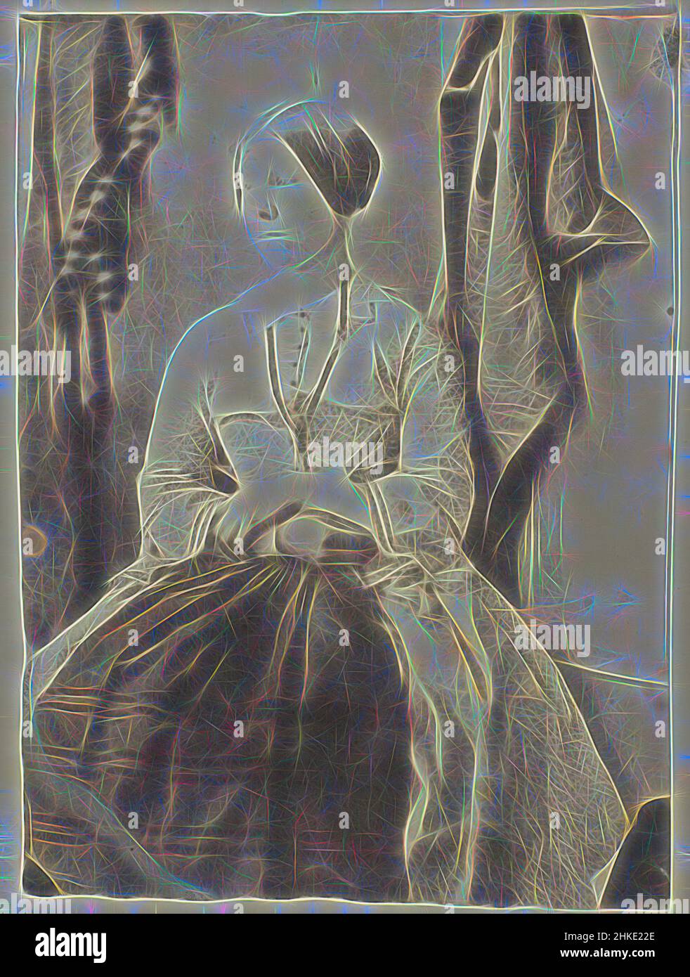 Ispirato dal Ritratto di una giovane donna, Eduard Isaac Asser, Amsterdam, c.. 1853, carta, stampa su carta salata, altezza 140 mm x larghezza 103 mm, reinventata da Artotop. L'arte classica reinventata con un tocco moderno. Design di calda e allegra luminosità e di raggi di luce. La fotografia si ispira al surrealismo e al futurismo, abbracciando l'energia dinamica della tecnologia moderna, del movimento, della velocità e rivoluzionando la cultura Foto Stock