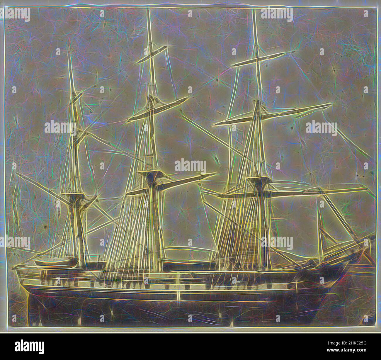 Ispirato al modello della nave, Eduard Isaac Asser, Amsterdam, c.. 1852, carta, stampa su carta salata, altezza 101 mm x larghezza 116 mm, reinventata da Artotop. L'arte classica reinventata con un tocco moderno. Design di calda e allegra luminosità e di raggi di luce. La fotografia si ispira al surrealismo e al futurismo, abbracciando l'energia dinamica della tecnologia moderna, del movimento, della velocità e rivoluzionando la cultura Foto Stock