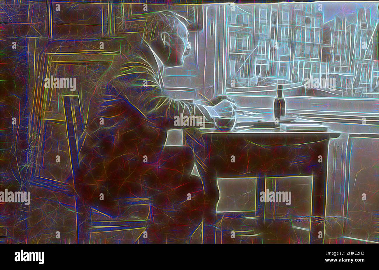 Ispirato da Willem Witsen a una scrivania nella sua barca, George Hendrik Breitner, Amsterdam, c.. 1911, altezza 66 mm x larghezza 98 mm, reinventato da Artotop. L'arte classica reinventata con un tocco moderno. Design di calda e allegra luminosità e di raggi di luce. La fotografia si ispira al surrealismo e al futurismo, abbracciando l'energia dinamica della tecnologia moderna, del movimento, della velocità e rivoluzionando la cultura Foto Stock