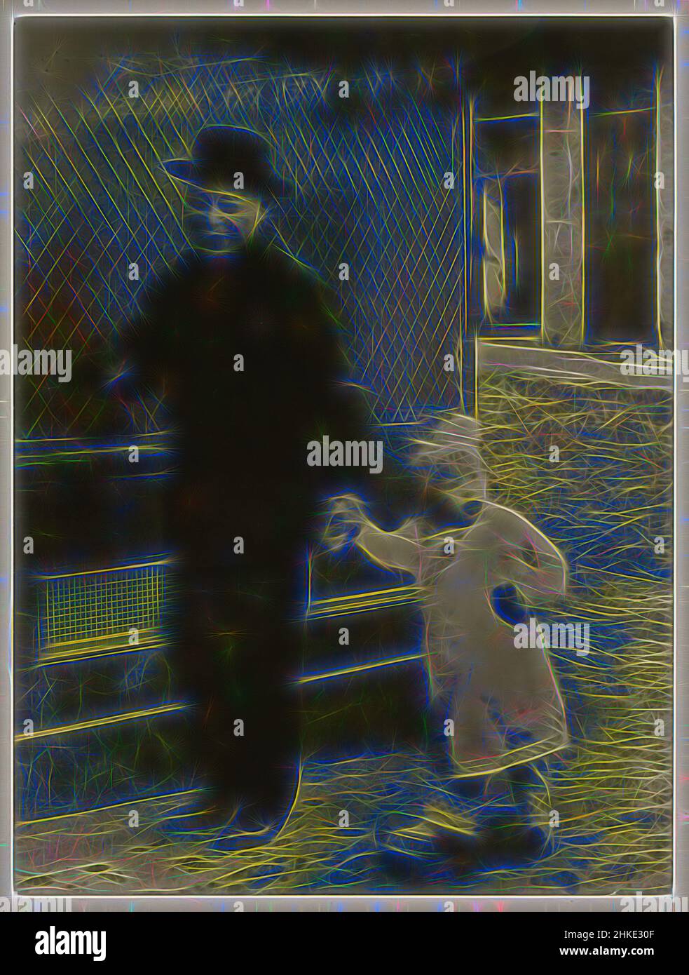 Ispirato da uomo con bambino in strada a Chinatown, San Francisco, Arnold Gennthe, San Francisco, 1904, Carta baryta, stampa in argento gelatina, altezza 320 mm x larghezza 239 mm, reinventata da Artotop. L'arte classica reinventata con un tocco moderno. Design di calda e allegra luminosità e di raggi di luce. La fotografia si ispira al surrealismo e al futurismo, abbracciando l'energia dinamica della tecnologia moderna, del movimento, della velocità e rivoluzionando la cultura Foto Stock