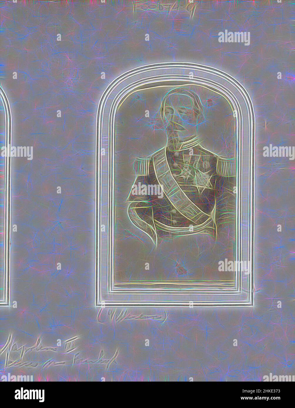 Ispirato da Ritratto di Napoleone III Bonaparte, imperatore di Francia, parte di album fotografico contenente 123 cartes-de-visite di membri di case reali europee, politici e personaggi famosi., Pierre Alfred Villeneuve, Parigi, 1855 - 1871, carta, Stampa albume, altezza 88 mm x larghezza 51 mm, reinventata da Artotop. L'arte classica reinventata con un tocco moderno. Design di calda e allegra luminosità e di raggi di luce. La fotografia si ispira al surrealismo e al futurismo, abbracciando l'energia dinamica della tecnologia moderna, del movimento, della velocità e rivoluzionando la cultura Foto Stock