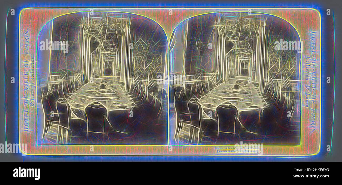 Ispirato dalla sala da pranzo nel municipio di Parigi, Salle à Manger (Hotel-de-Ville de Paris), Hotel-de-ville di Parigi, Ernest Eléonor Pierre Lamy, Stadhuis, c. 1860 - c. 1880, stampa albume, altezza 85 mm x larghezza 170 mm, reinventata da Artotop. L'arte classica reinventata con un tocco moderno. Design di calda e allegra luminosità e di raggi di luce. La fotografia si ispira al surrealismo e al futurismo, abbracciando l'energia dinamica della tecnologia moderna, del movimento, della velocità e rivoluzionando la cultura Foto Stock