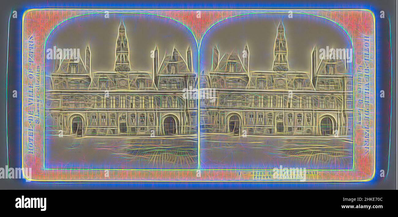 Ispirato dalla facciata del municipio di Parigi, Hotel de Ville de Paris, facciata principale, Hotel-de-ville di Parigi, Ernest Eléonor Pierre Lamy, Parigi, c.. 1860 - c. 1880, stampa albume, altezza 85 mm x larghezza 170 mm, reinventata da Artotop. L'arte classica reinventata con un tocco moderno. Design di calda e allegra luminosità e di raggi di luce. La fotografia si ispira al surrealismo e al futurismo, abbracciando l'energia dinamica della tecnologia moderna, del movimento, della velocità e rivoluzionando la cultura Foto Stock