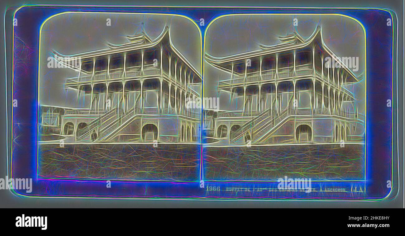 Ispirato all'esterno del buffet Chinois ad Arcachon, buffet de l'Adon des Chemins de fer, a Arcachon, Jean Andrieu, Arcachon, 1862 - 1876, Stampa albume, altezza 85 mm x larghezza 170 mm, reinventata da Artotop. L'arte classica reinventata con un tocco moderno. Design di calda e allegra luminosità e di raggi di luce. La fotografia si ispira al surrealismo e al futurismo, abbracciando l'energia dinamica della tecnologia moderna, del movimento, della velocità e rivoluzionando la cultura Foto Stock