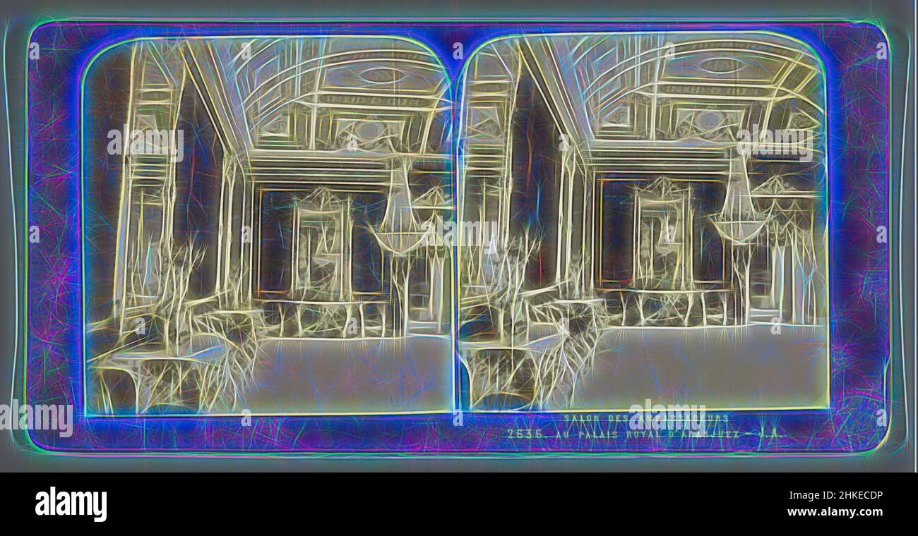 Ispirato dall'interno del Palazzo reale di Aranjuez, SALON DES AMBASSADEURS au PALAIS D'ARANJUEZ, Jean Andrieu, Koninklijk Paleis van Aranjuez, 1862 - 1876, stampa albume, altezza 85 mm x larghezza 170 mm, reinventato da Artotop. L'arte classica reinventata con un tocco moderno. Design di calda e allegra luminosità e di raggi di luce. La fotografia si ispira al surrealismo e al futurismo, abbracciando l'energia dinamica della tecnologia moderna, del movimento, della velocità e rivoluzionando la cultura Foto Stock