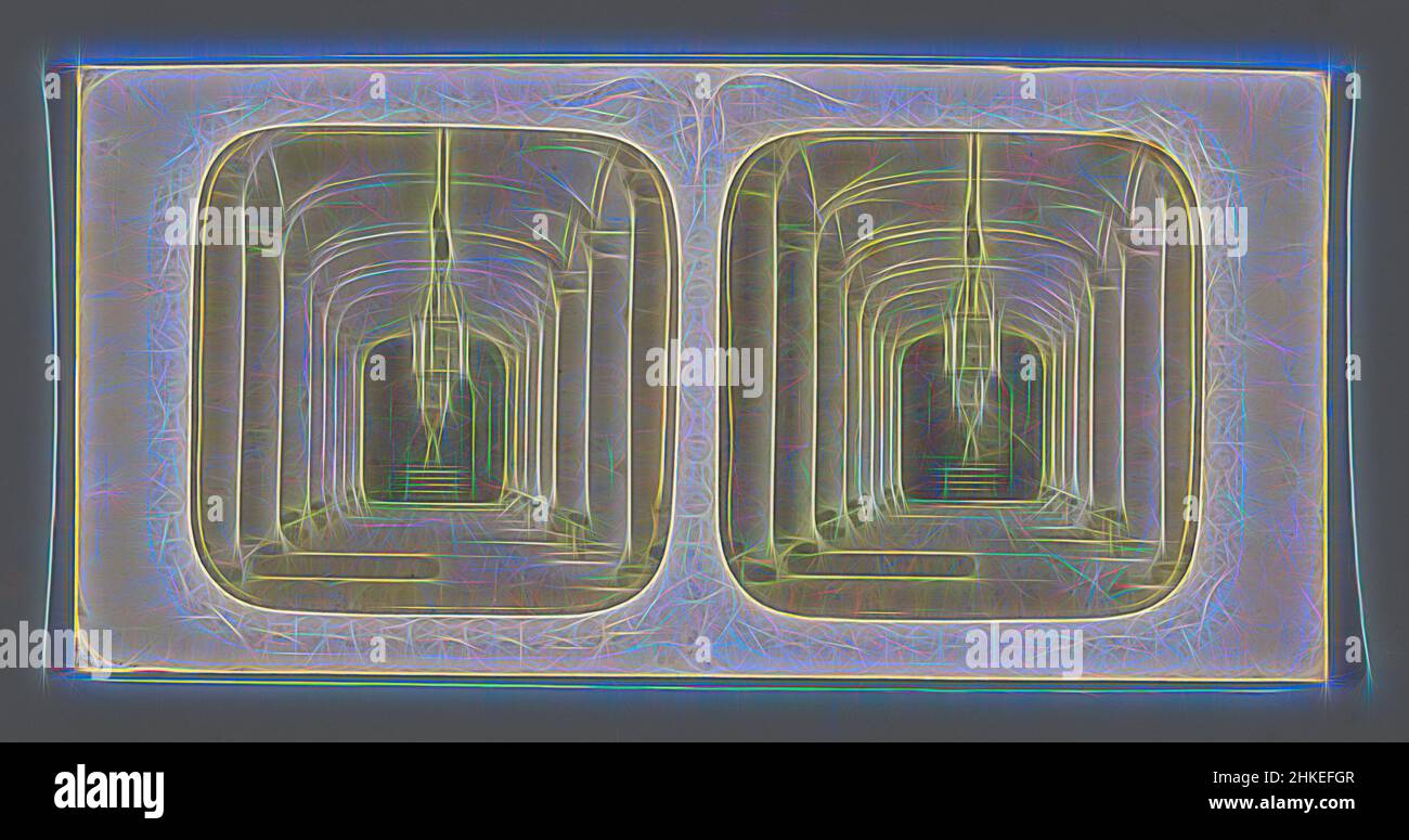 Ispirato dalla Galleria nel palazzo di Compiègne, Francia, Palais de Compiègne, vestibule, Compiègne, 1855 - 1875, carta, stampa albume, perforazione, altezza 83 mm x larghezza 169 mm, reinventata da Artotop. L'arte classica reinventata con un tocco moderno. Design di calda e allegra luminosità e di raggi di luce. La fotografia si ispira al surrealismo e al futurismo, abbracciando l'energia dinamica della tecnologia moderna, del movimento, della velocità e rivoluzionando la cultura Foto Stock