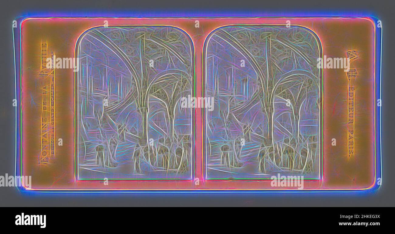 Ispirata alla fotoreproduzione di un disegno della fontana della Pitia, sotto la scala dell'Opéra Garnier, Parigi, Fontaine de la Pythie, dessous le Grand Escalier de l'Opera, Parigi, 1875, carta, stampa albume, Perforazione, altezza 87 mm x larghezza 178 mm, reinventata da Artotop. L'arte classica reinventata con un tocco moderno. Design di calda e allegra luminosità e di raggi di luce. La fotografia si ispira al surrealismo e al futurismo, abbracciando l'energia dinamica della tecnologia moderna, del movimento, della velocità e rivoluzionando la cultura Foto Stock