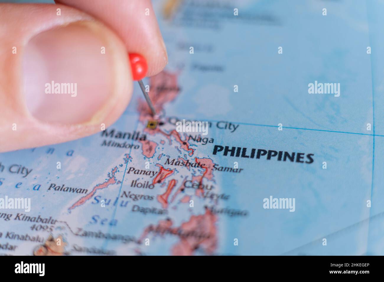 Filippine pin su una mappa del mondo. Filippine viaggio destinazione pianificazione bloccato Foto Stock