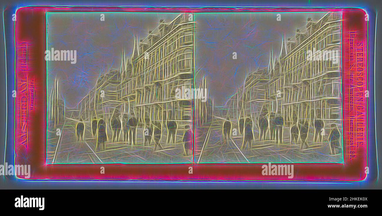 Ispirato da Weesperzijde, Amsterdam, Amsterdam, Weesperzijde, Stereoscopes-Gallery, Sigmund Löw, editore: S. Herz, Amsterdam, 1892 - 1902, carta, Stampa albume, altezza 87 mm x larghezza 179 mm, reinventata da Artotop. L'arte classica reinventata con un tocco moderno. Design di calda e allegra luminosità e di raggi di luce. La fotografia si ispira al surrealismo e al futurismo, abbracciando l'energia dinamica della tecnologia moderna, del movimento, della velocità e rivoluzionando la cultura Foto Stock