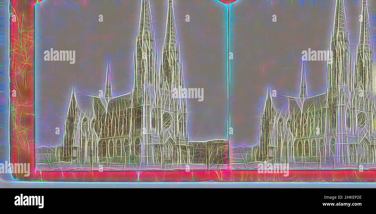 Ispirato a Votivkirche a Vienna, Vienna. Votivkirche, Vienna, 1868 - 1890, carta, stampa albume, Altezza 87 mm x larghezza 177 mm, reinventata da Artotop. L'arte classica reinventata con un tocco moderno. Design di calda e allegra luminosità e di raggi di luce. La fotografia si ispira al surrealismo e al futurismo, abbracciando l'energia dinamica della tecnologia moderna, del movimento, della velocità e rivoluzionando la cultura Foto Stock