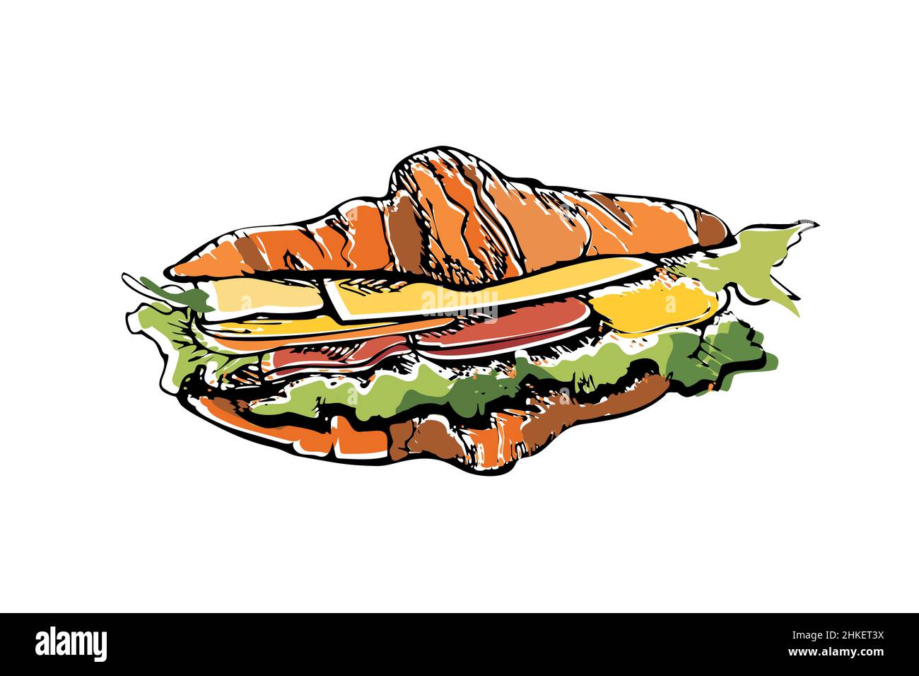 Croissant sandwich di colore doodle. Pasta sfoglia a mano isolata con verdure, prosciutto, formaggio. Clip art vettoriale, elemento di design Illustrazione Vettoriale