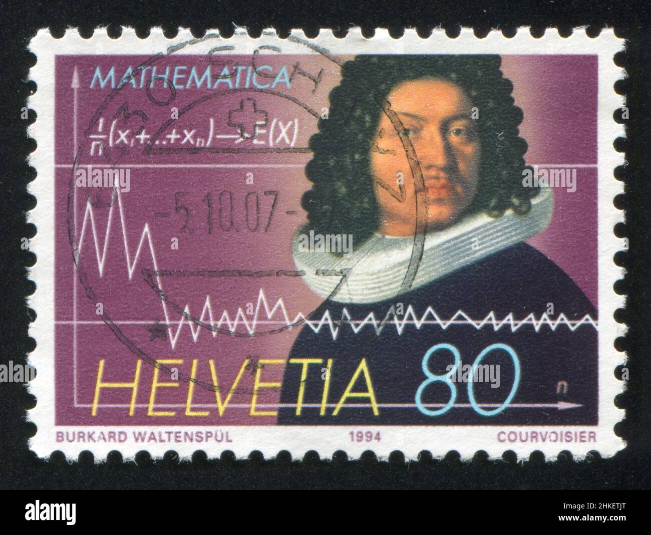 SVIZZERA - CIRCA 1994: Francobollo stampato dalla Svizzera, mostra il matematico Jacob Bernoulli, circa 1994 Foto Stock