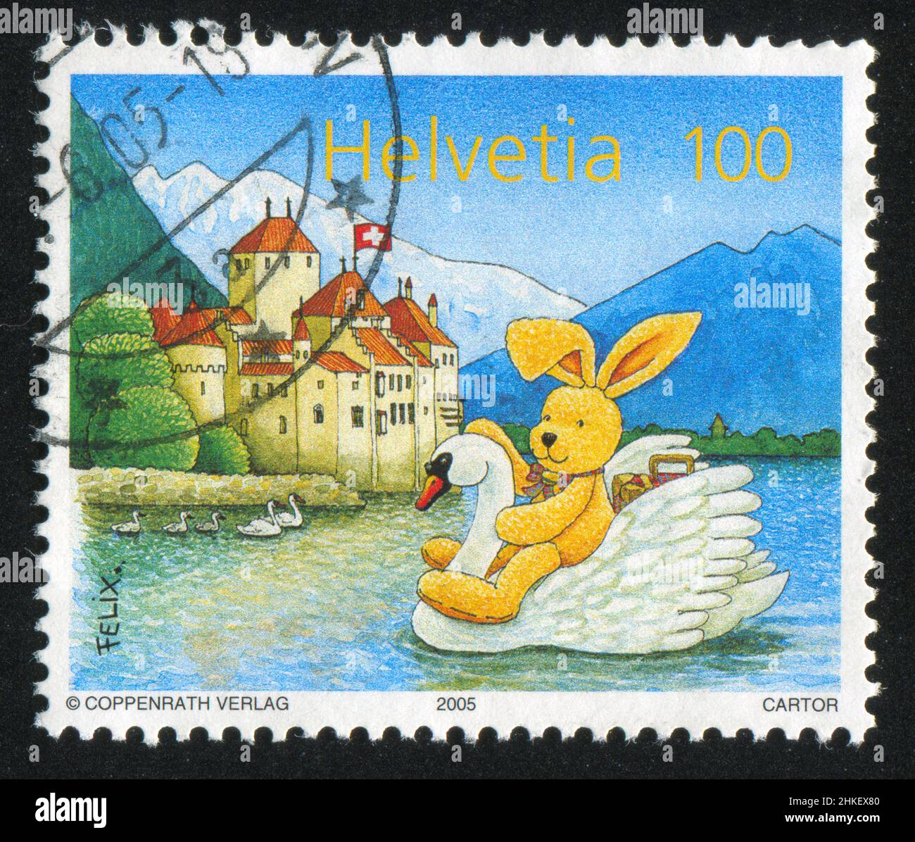 SVIZZERA - CIRCA 2005: Francobollo stampato dalla Svizzera, mostra Bunny Felix, cigni e castello di Chillon, circa 2005 Foto Stock