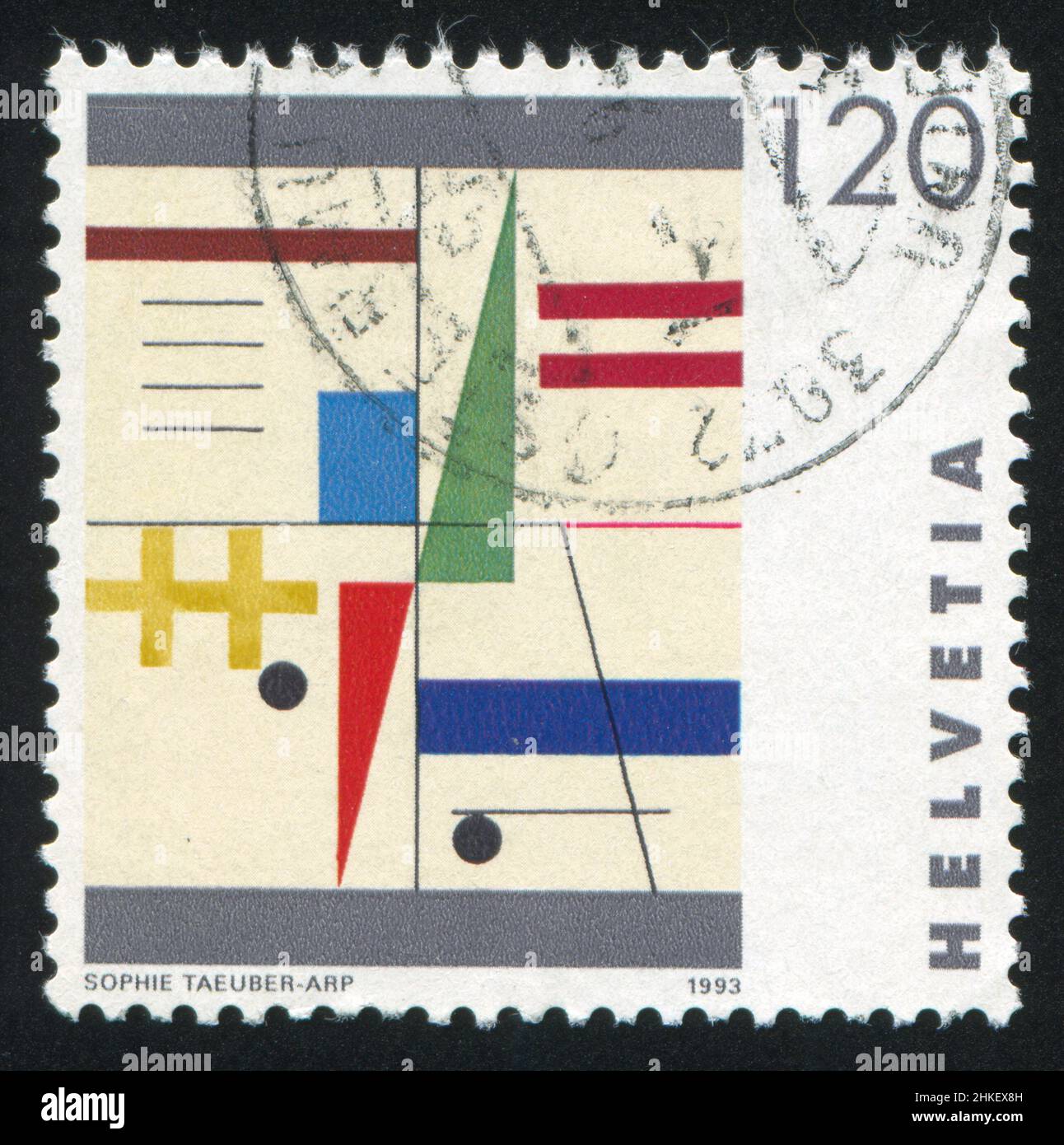 SVIZZERA - CIRCA 1993: Francobollo stampato dalla Svizzera, mostra quattro spazi in bande orizzontali di Sophie Taeuber Arp, circa 1993 Foto Stock